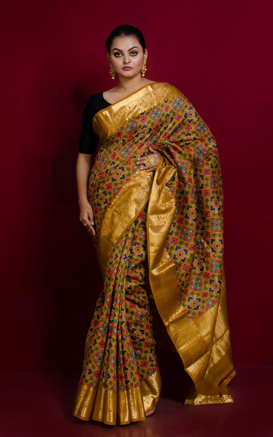 Printed Patola Tussar Banarasi Saree in Dijon Yellow, Multicolored and Gold Zari Work