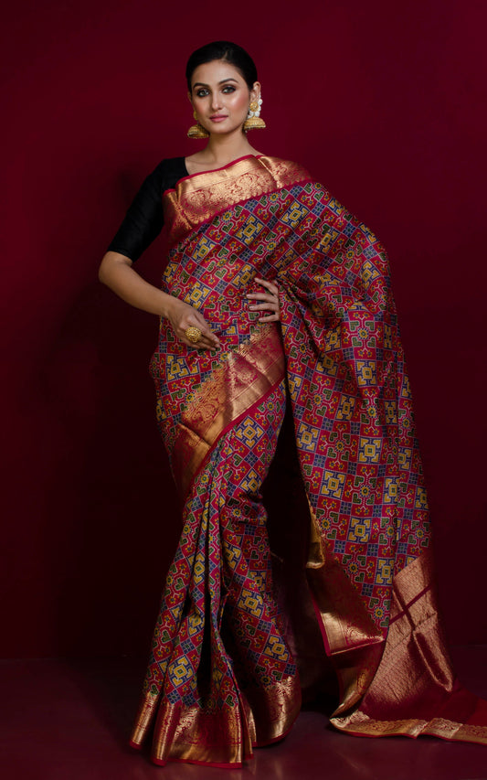 Printed Patola Tussar Banarasi Saree in Pomegranate Red, Multicolored and Gold Zari Work