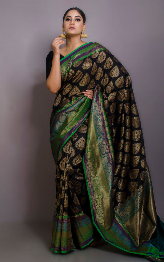 Premium Quality Tussar Silk Brocade Jamdani Saree in Black, Green, Purple, Cyan and Antique Gold