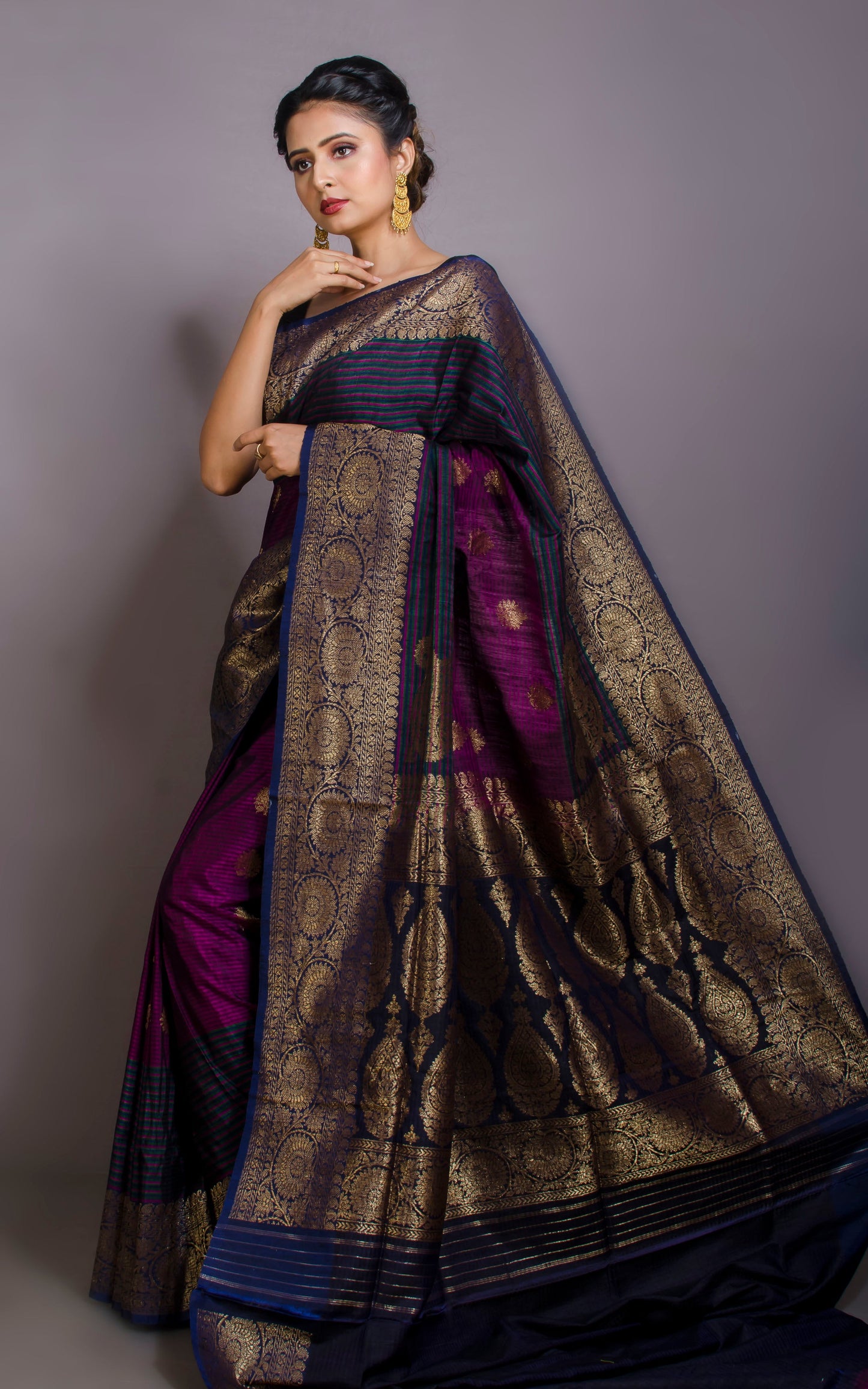 Woven Koniya Nakshi Motif Work Tussar Banarasi Saree in Purple, Dark Blue, Green and Antique Gold Zari