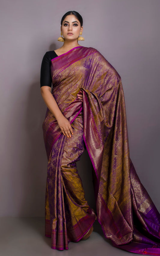 Premium Quality Tussar Silk Brocade Jamdani Saree in Cross Shade of Purple and Yellowish Golden