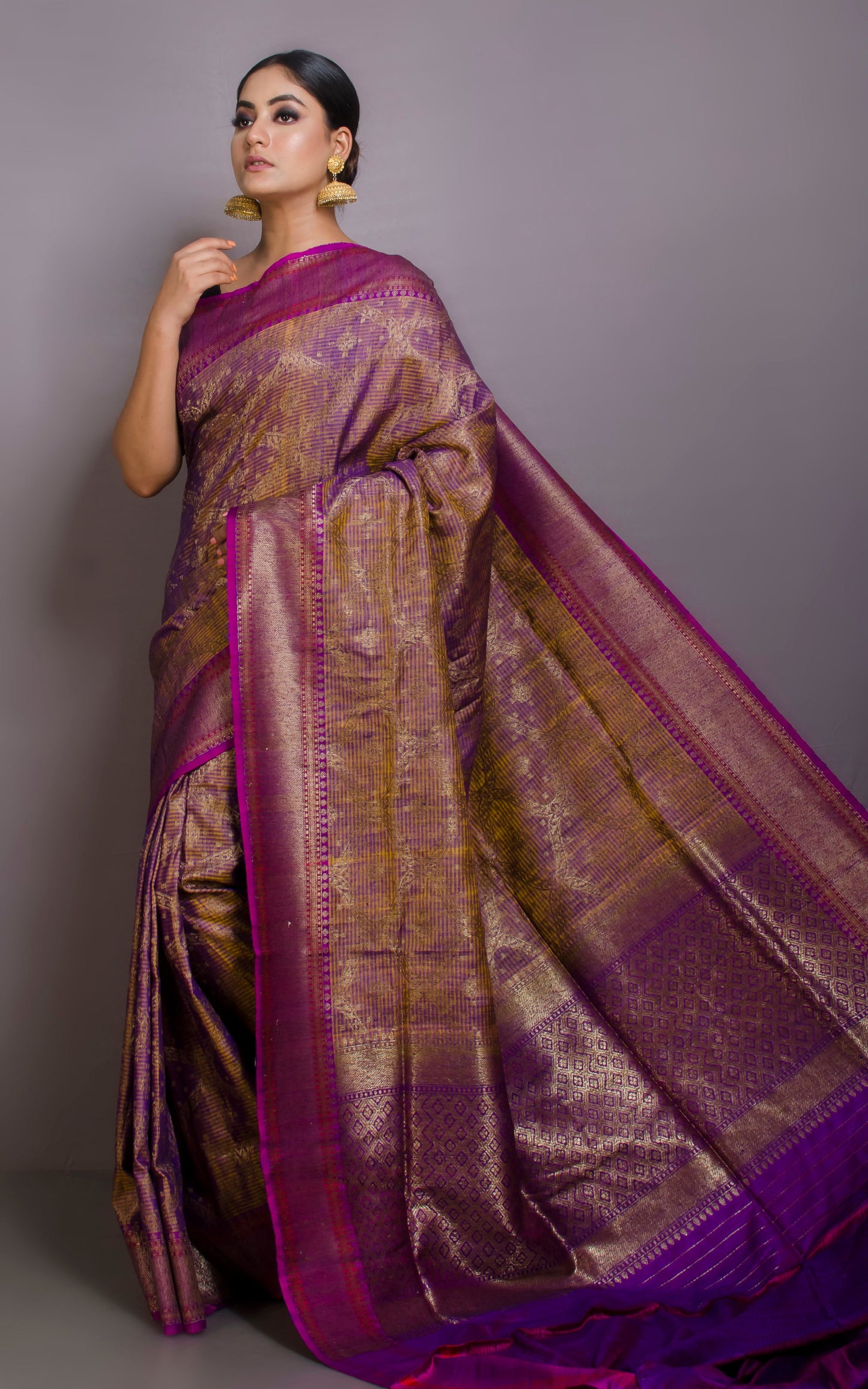 Premium Quality Tussar Silk Brocade Jamdani Saree in Cross Shade of Purple and Yellowish Golden