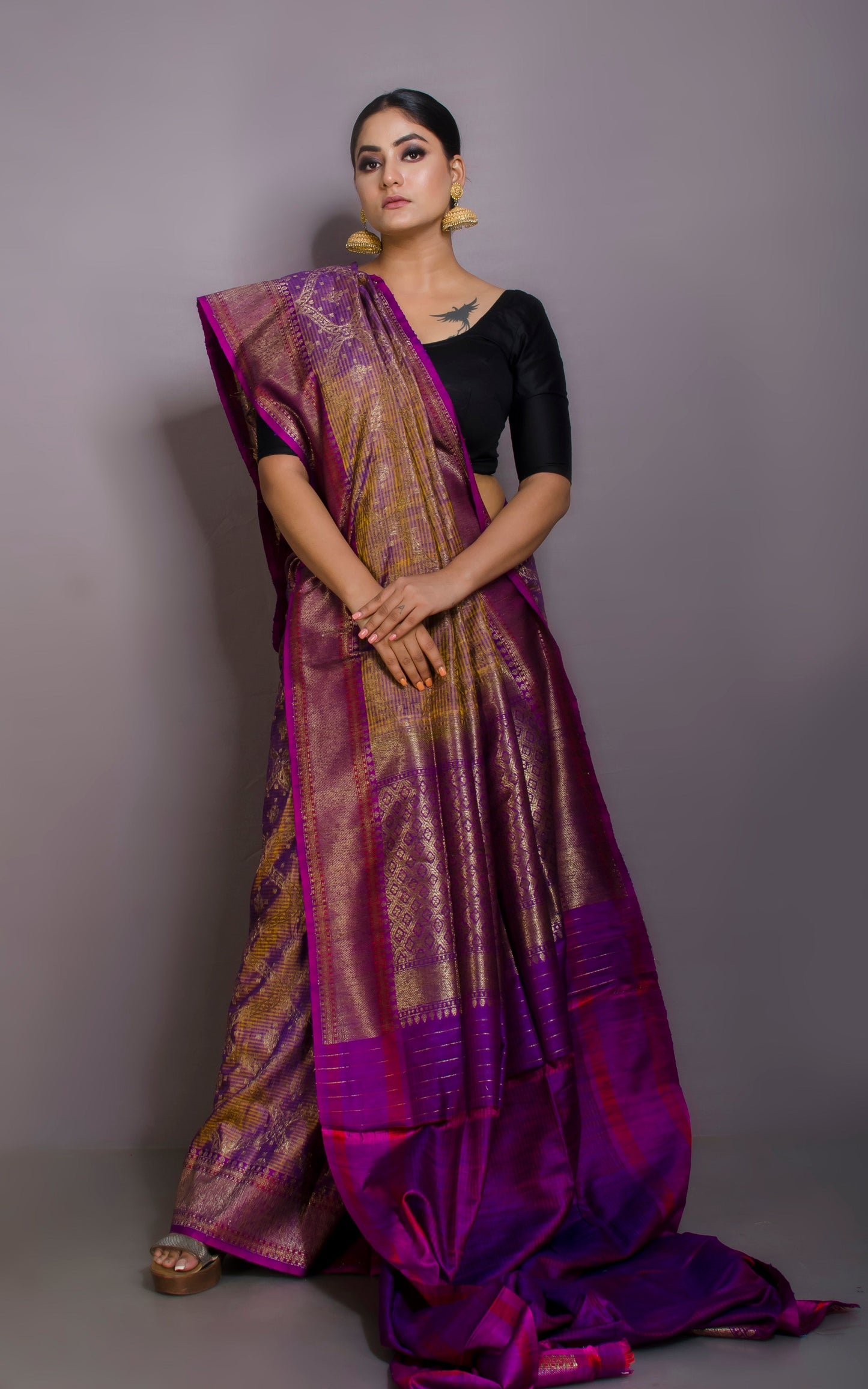 Premium Quality Tussar Silk Brocade Jamdani Saree in Cross Shade of Purple and Yellowish Golden