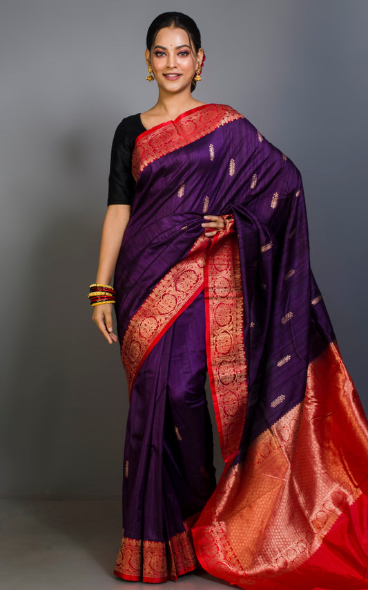 Premium Tussar Banarasi Saree in Eggplant Purple and Bright Red