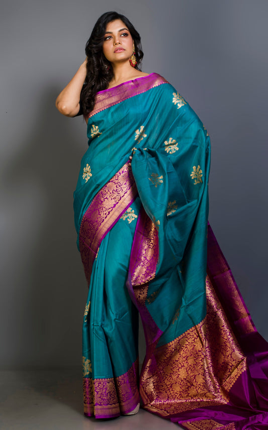 Premium Tussar Banarasi Saree in Bondi Blue and Lollipop Purple