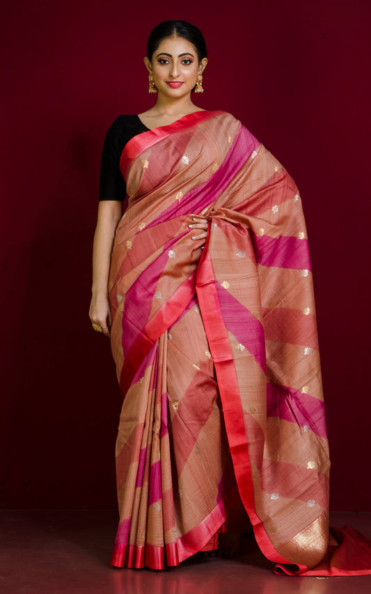 Premium Quality Rangkart Tussar Banarasi Saree in Burnt Sienna, Beige, Fuscia and Coral Orange