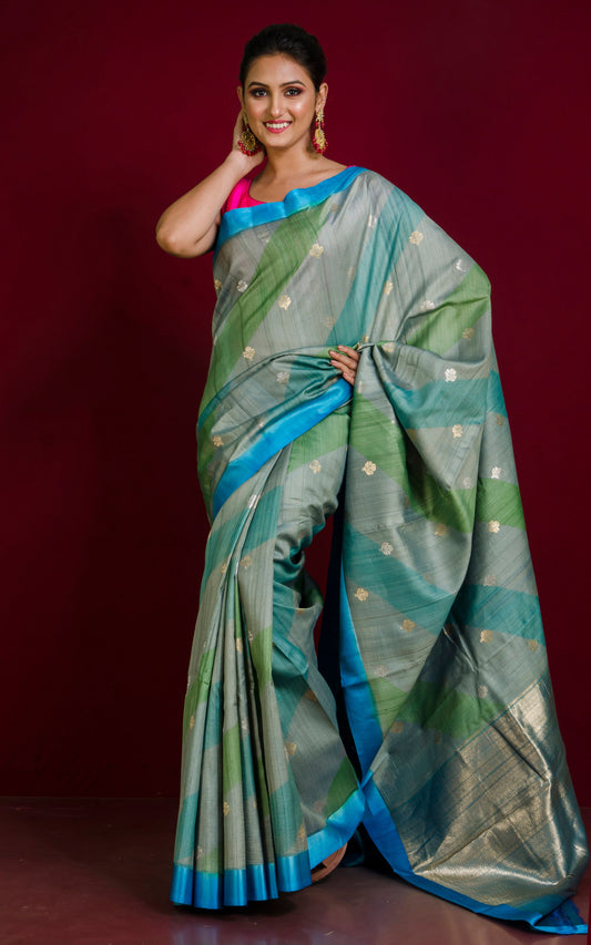 Premium Quality Rangkart Tussar Banarasi Saree in Smoke Grey, Icy Blue, Pear Green and Sky Blue