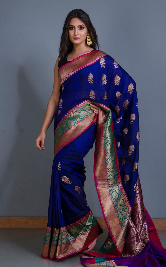 Meenakari Border Dupion Tussar Banarasi Saree in Admiral Blue, Red, Rama Green and Purple