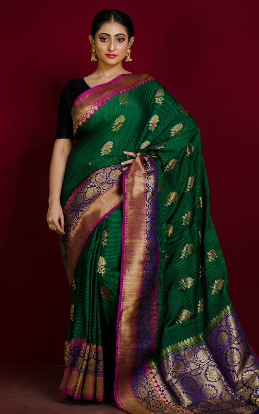 Meenakari Border Dupion Tussar Banarasi Saree in Dark Green, Purple and Navy Blue