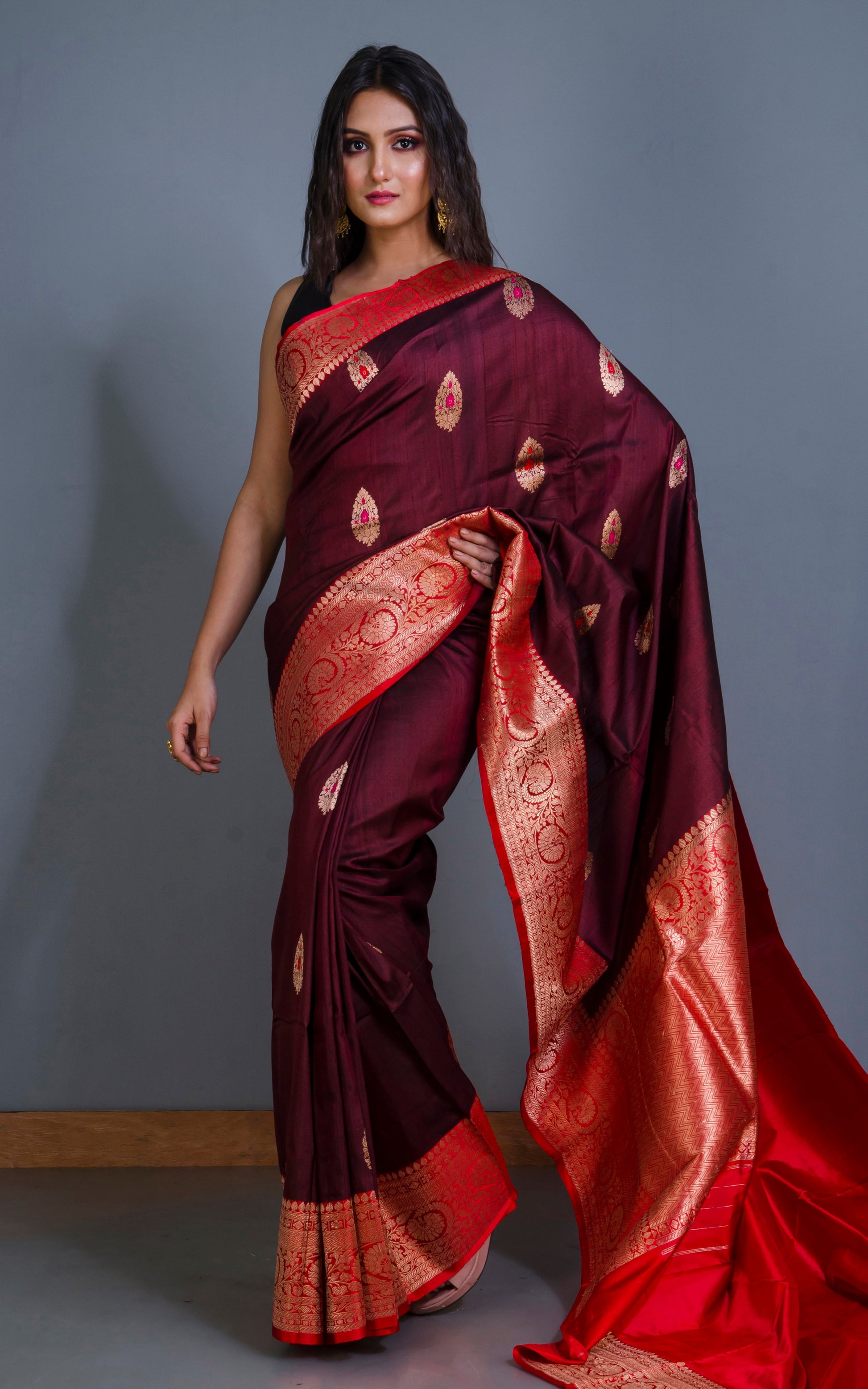 Premium Quality Tussar Banarasi Silk Saree in Wine and Red