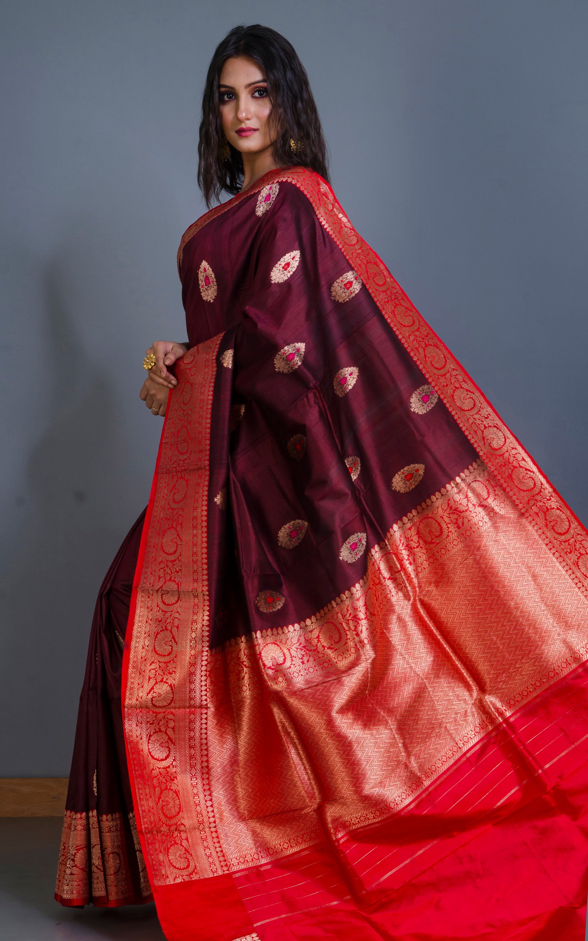 Premium Quality Tussar Banarasi Silk Saree in Wine and Red