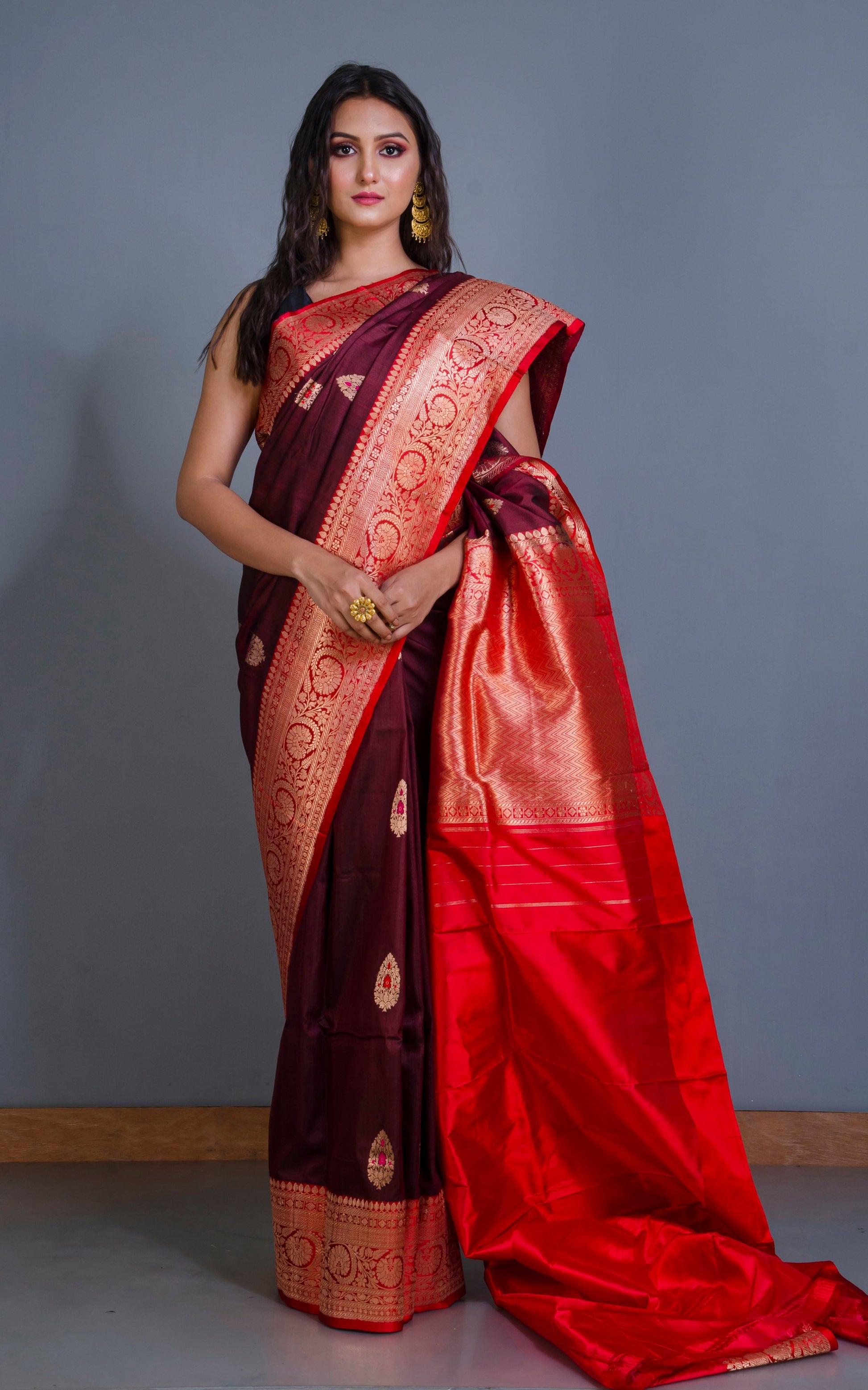 Premium Quality Tussar Banarasi Silk Saree in Wine and Red