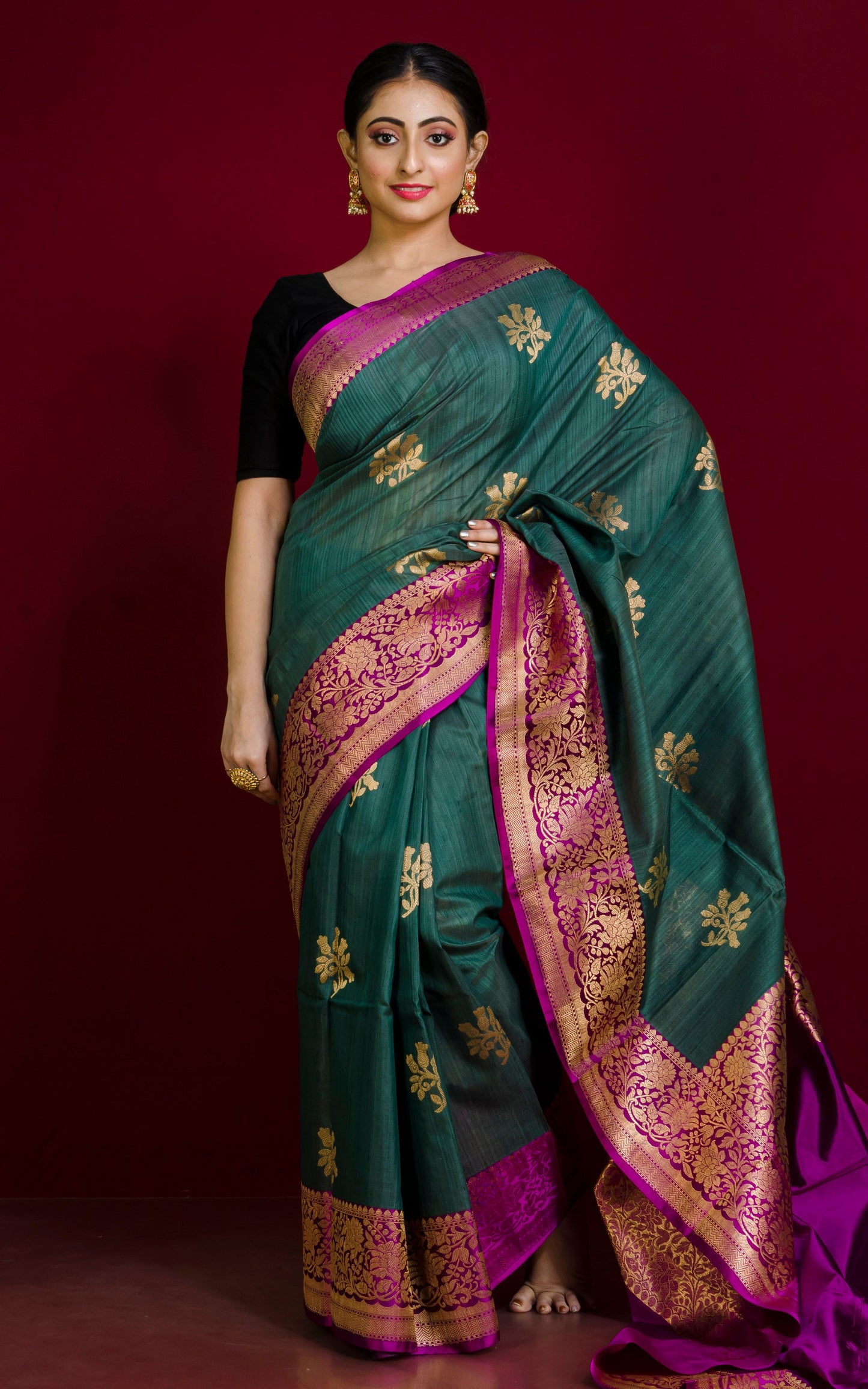 Premium Quality Tussar Banarasi Silk Saree in Myrtle Green and Magenta