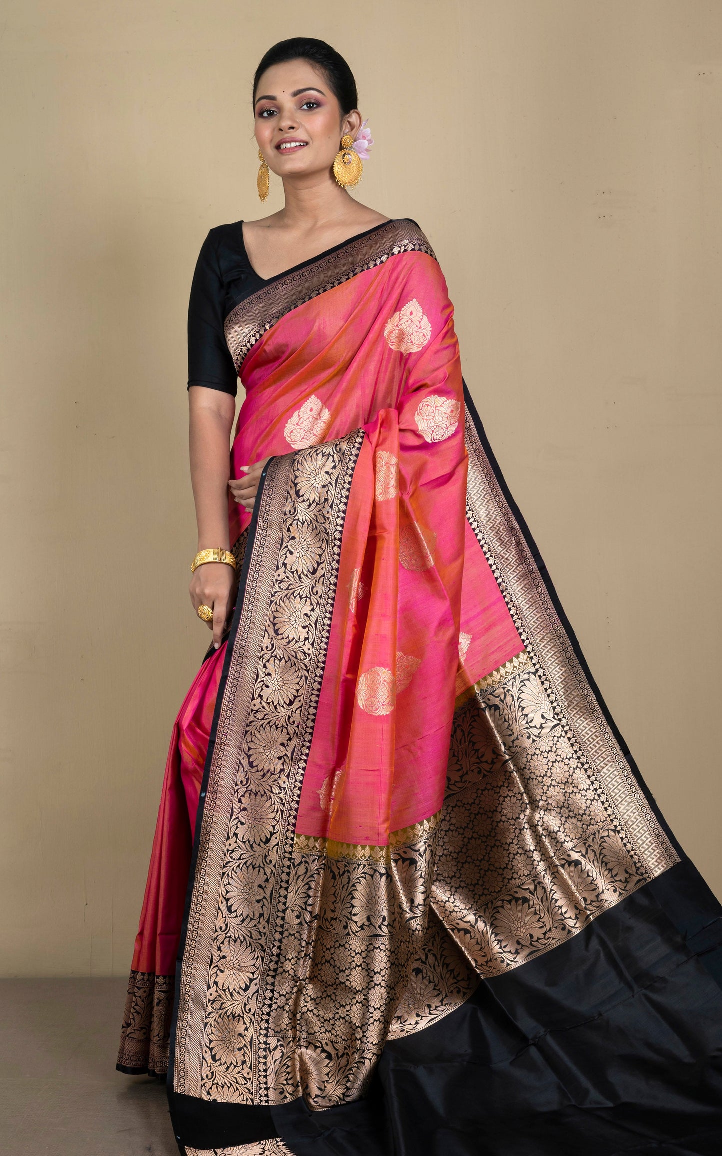 Premium Quality Tussar Banarasi Silk Saree in Dark Peach and Black