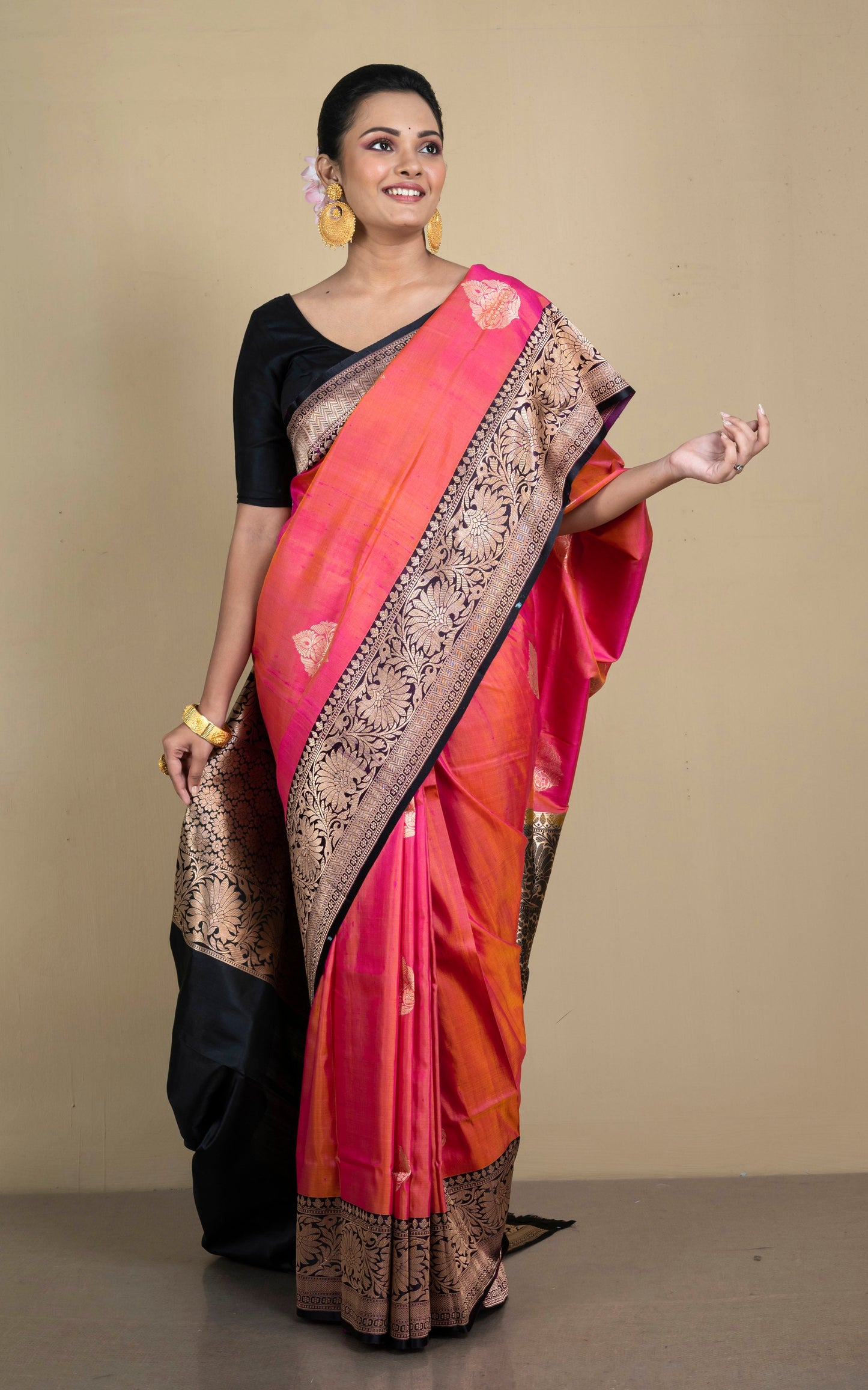 Premium Quality Tussar Banarasi Silk Saree in Dark Peach and Black