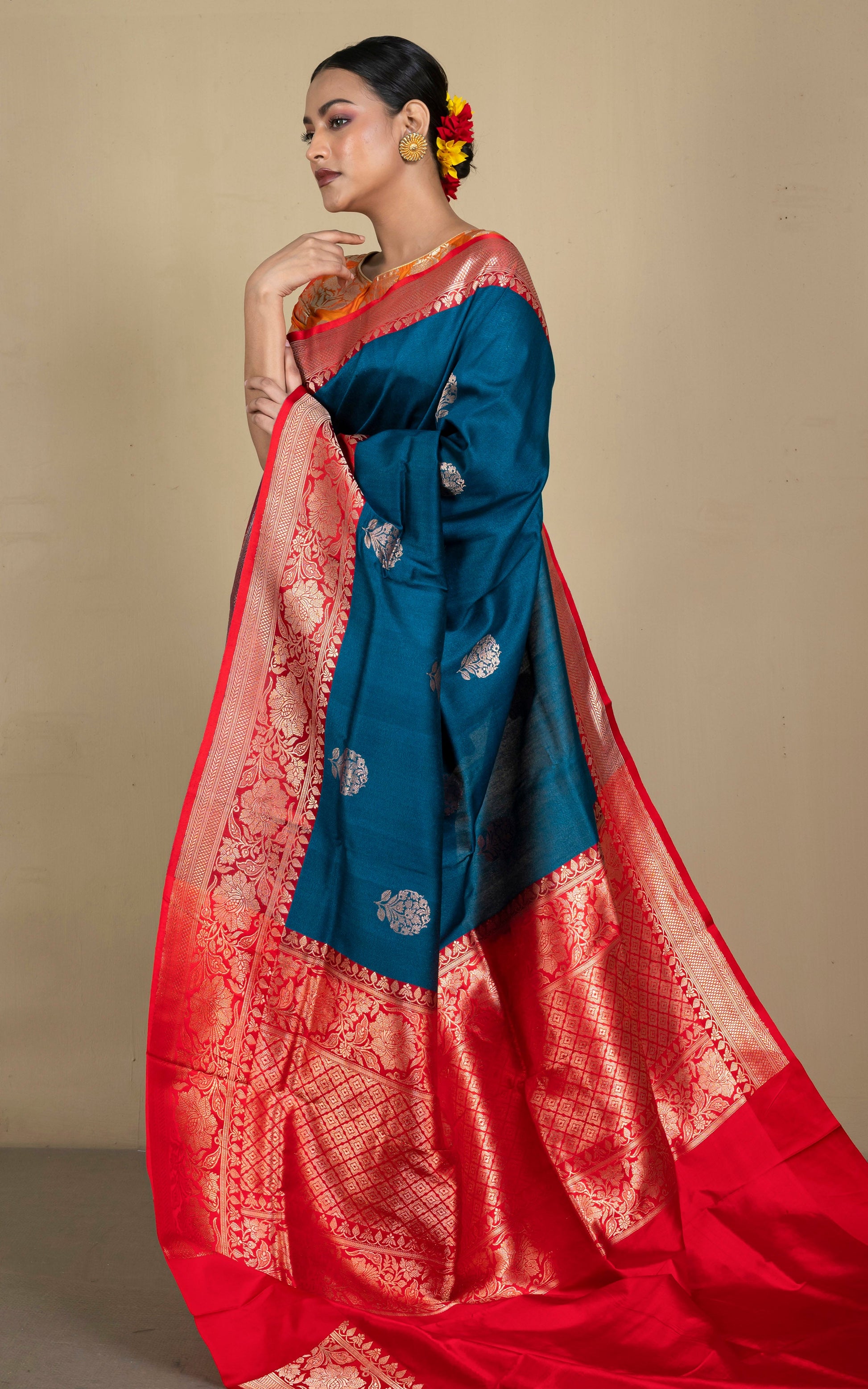 Premium Quality Tussar Banarasi Silk Saree in Denim Blue and Red