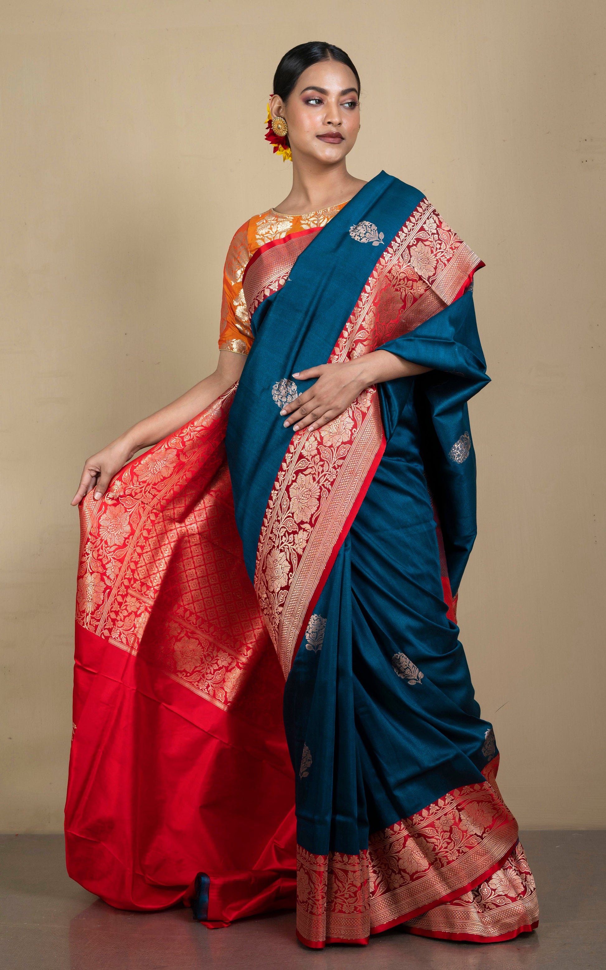 Premium Quality Tussar Banarasi Silk Saree in Denim Blue and Red