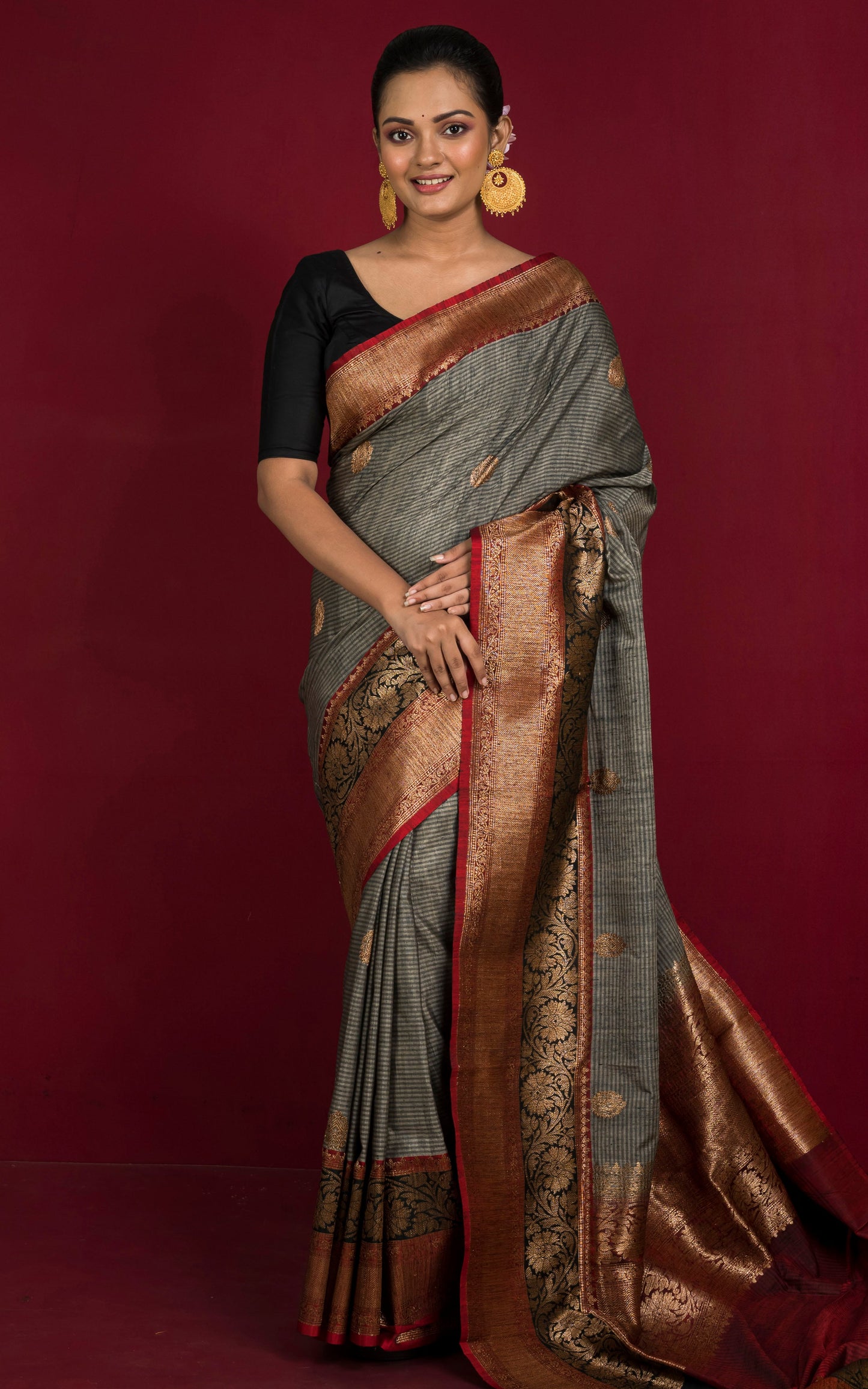 Minakari Border Dupion Tussar Banarasi Saree in Thunder Grey, Charcoal Black and Sangria Red