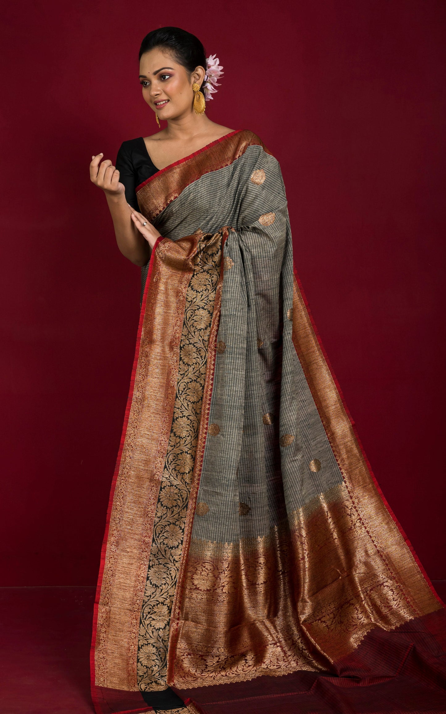 Minakari Border Dupion Tussar Banarasi Saree in Thunder Grey, Charcoal Black and Sangria Red