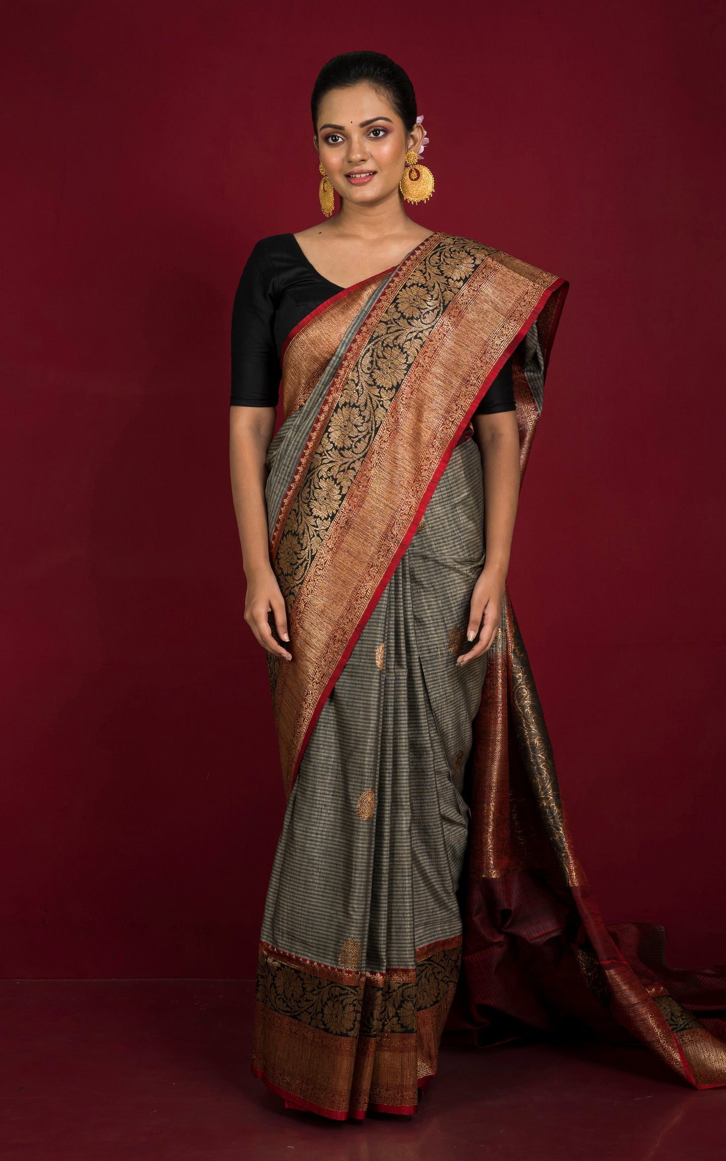 Minakari Border Dupion Tussar Banarasi Saree in Thunder Grey, Charcoal Black and Sangria Red