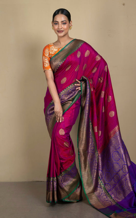 Minakari Border Dupion Tussar Banarasi Saree in Burgundy Red, Purple and Natural Green