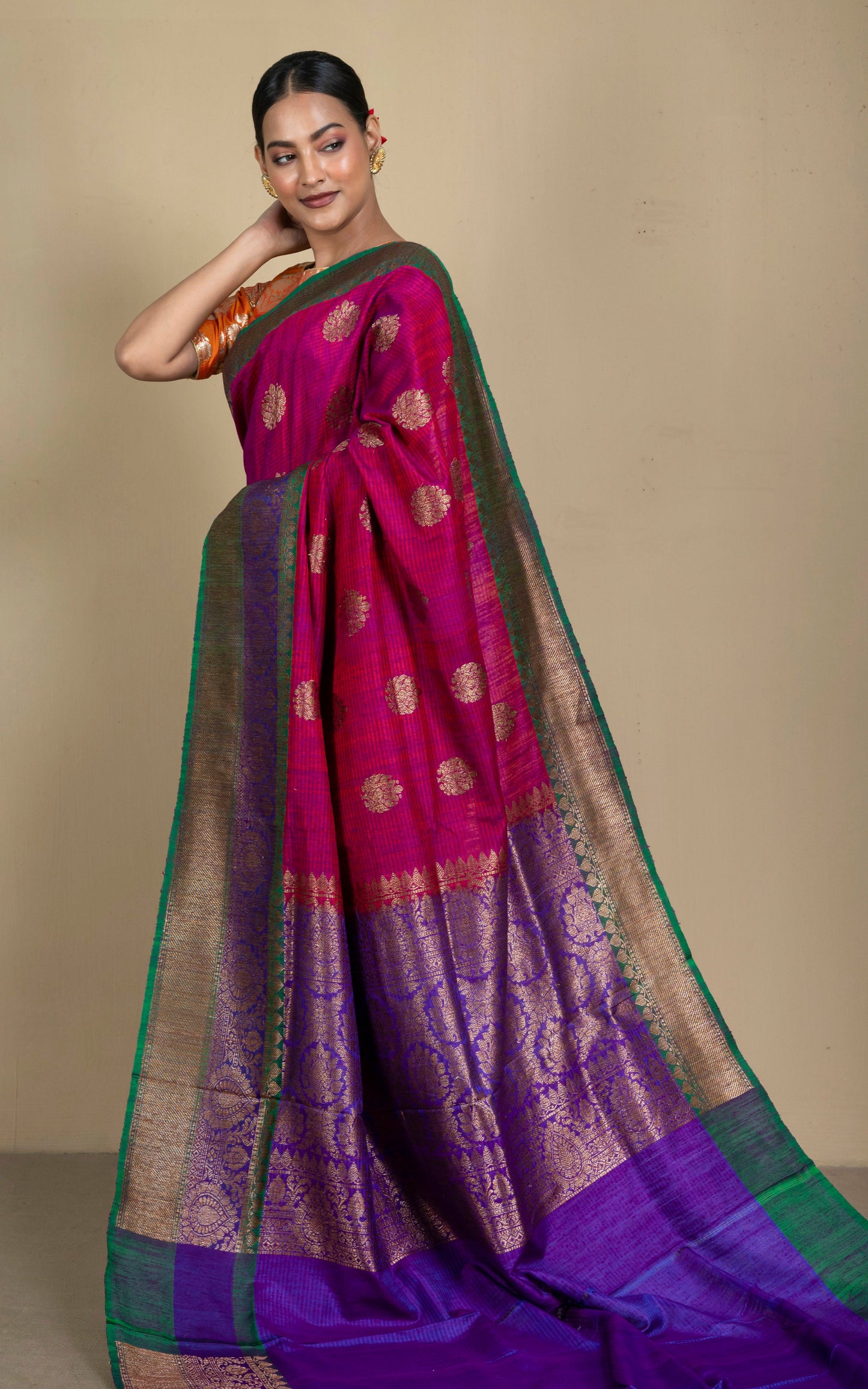 Minakari Border Dupion Tussar Banarasi Saree in Burgundy Red, Purple and Natural Green