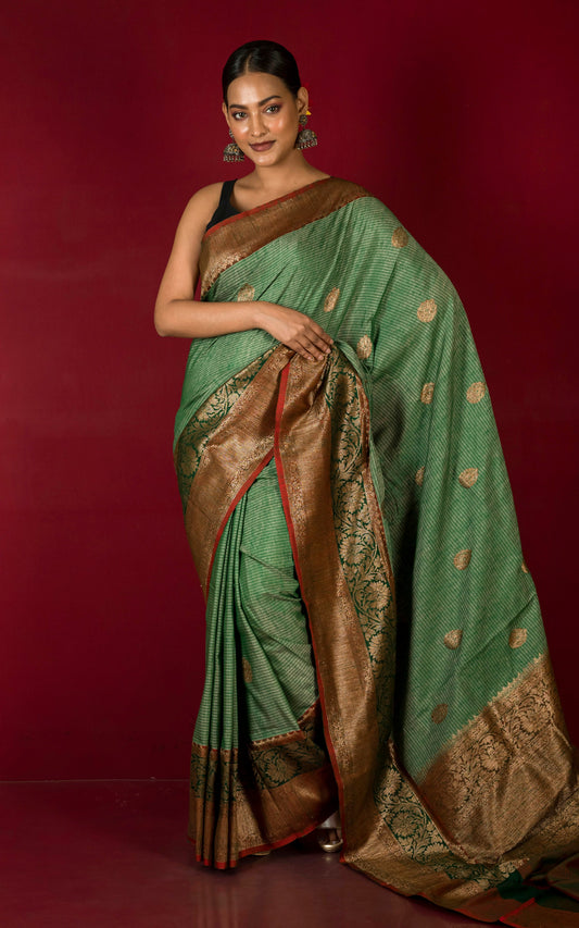 Minakari Border Dupion Tussar Banarasi Saree in Amazon Green, Dark Green and Prismatic Red