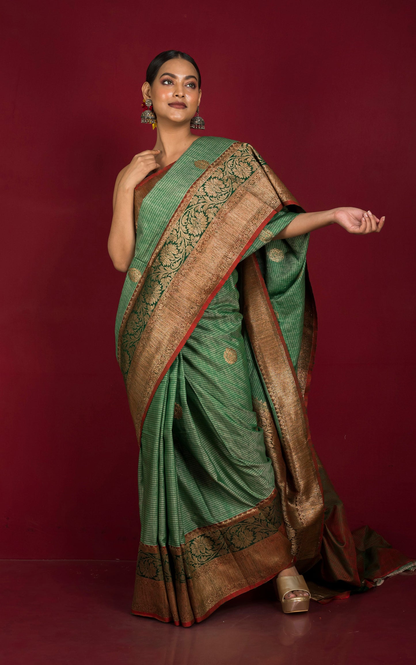 Minakari Border Dupion Tussar Banarasi Saree in Amazon Green, Dark Green and Prismatic Red