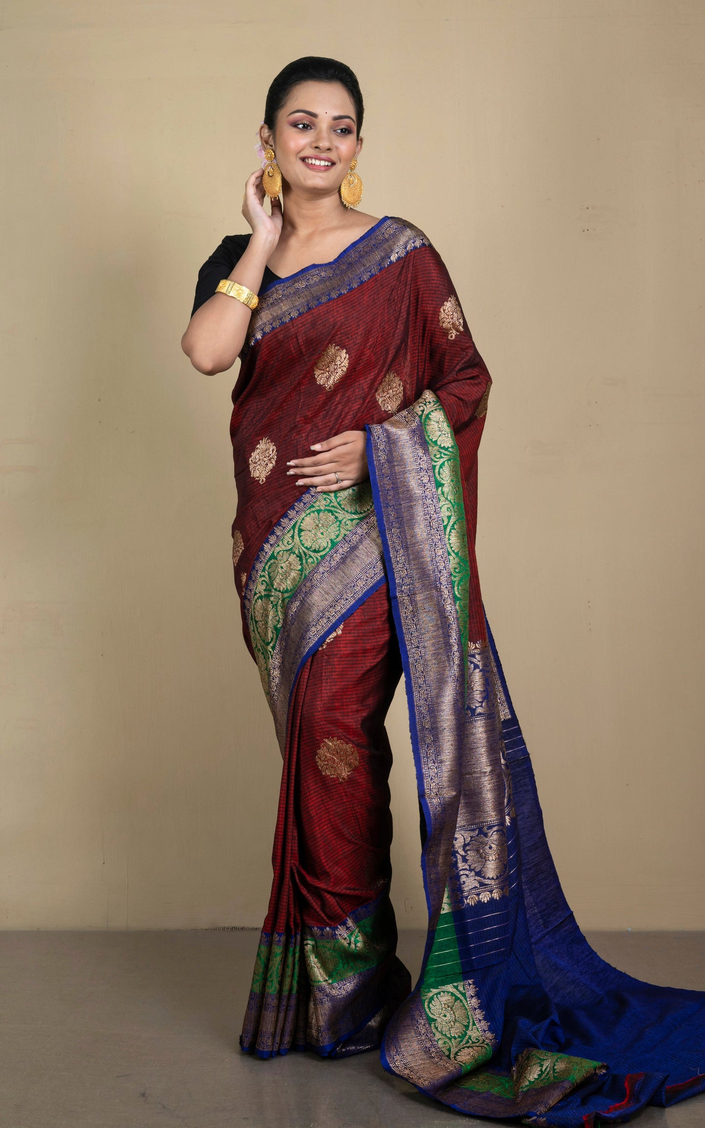 Minakari Border Dupion Tussar Banarasi Saree in Rust Brown, Navy Blue and Natural Green