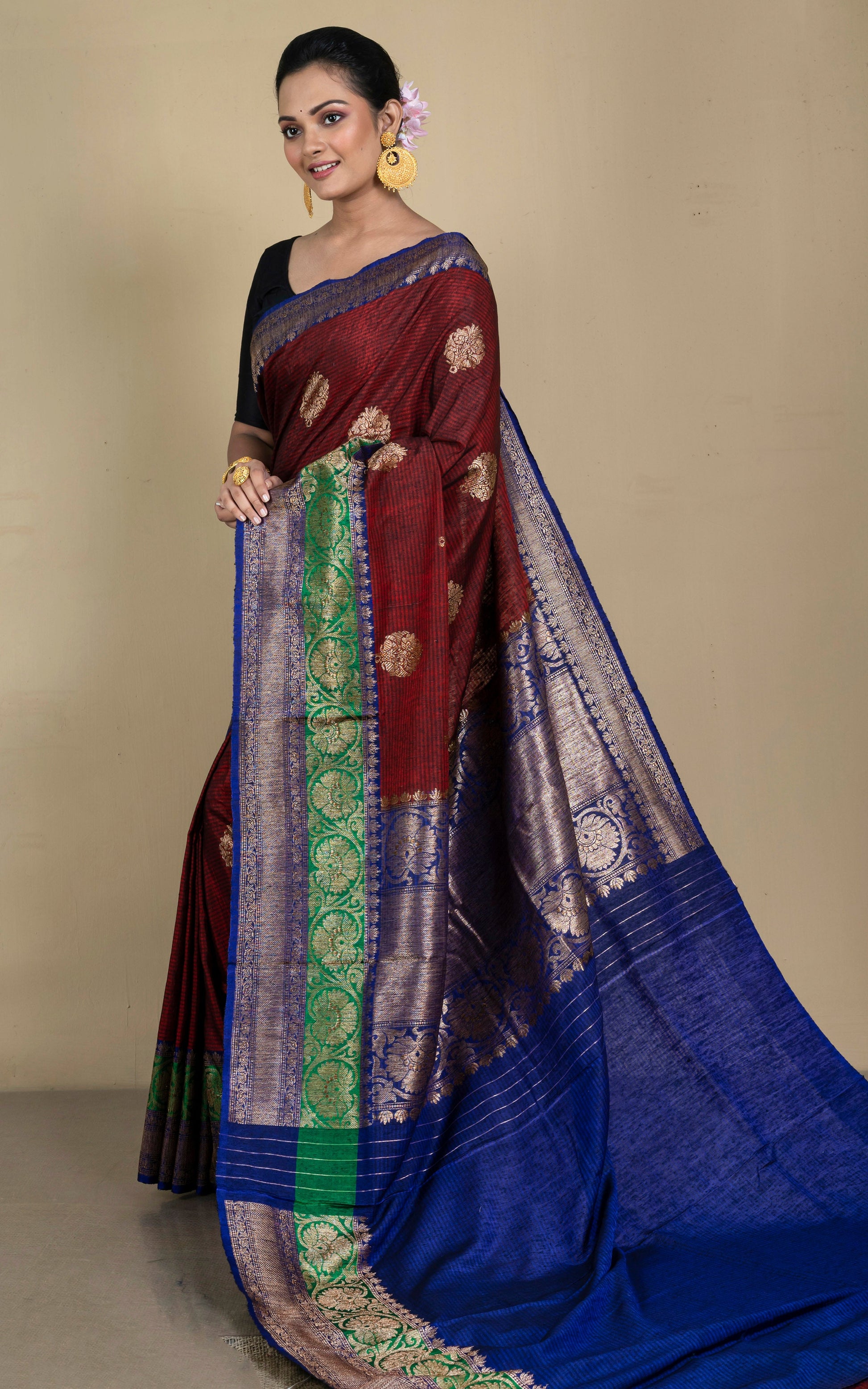 Minakari Border Dupion Tussar Banarasi Saree in Rust Brown, Navy Blue and Natural Green