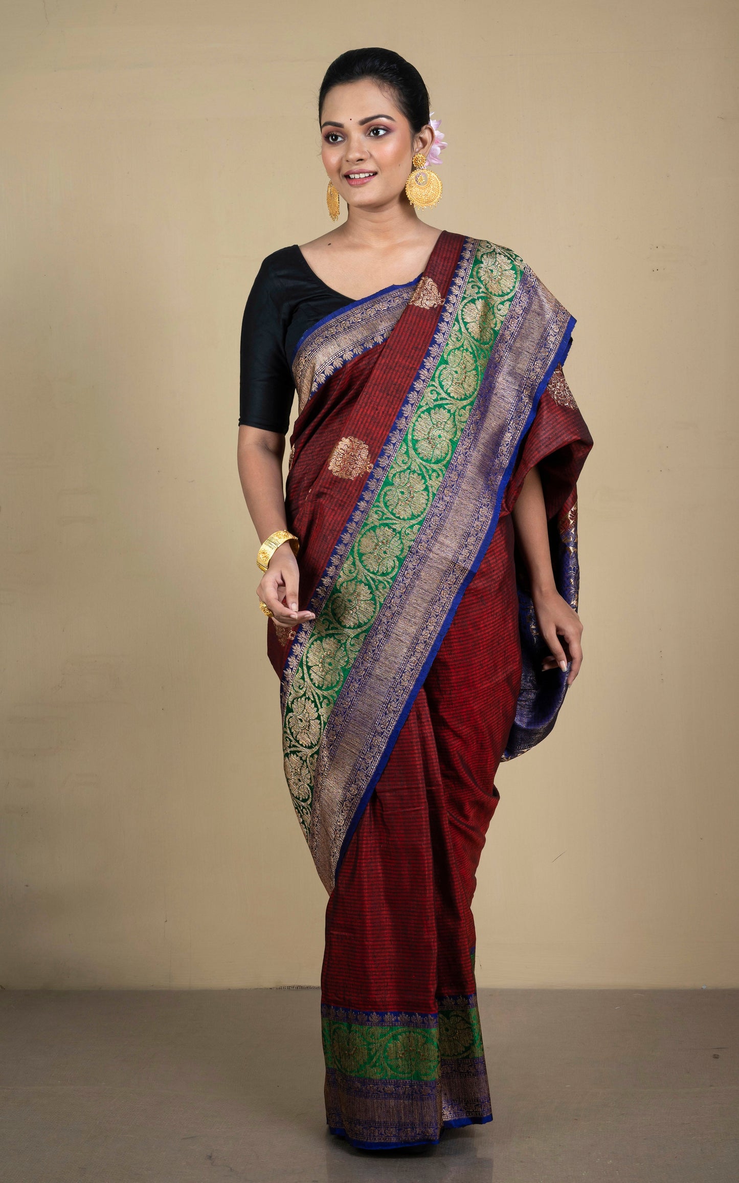 Minakari Border Dupion Tussar Banarasi Saree in Rust Brown, Navy Blue and Natural Green