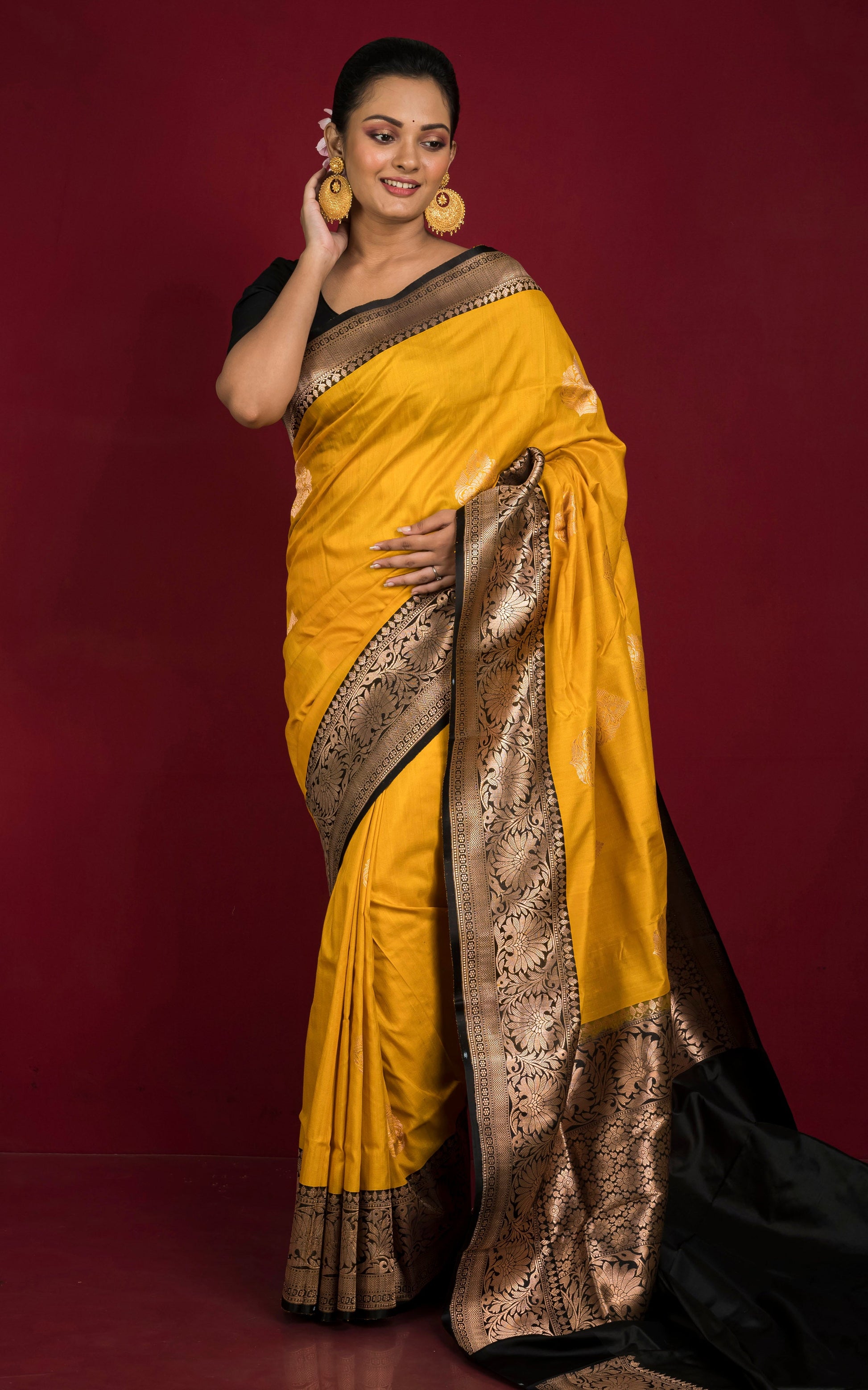 Premium Tussar Banarasi Silk Saree in Tuscan Sun Yellow and Black