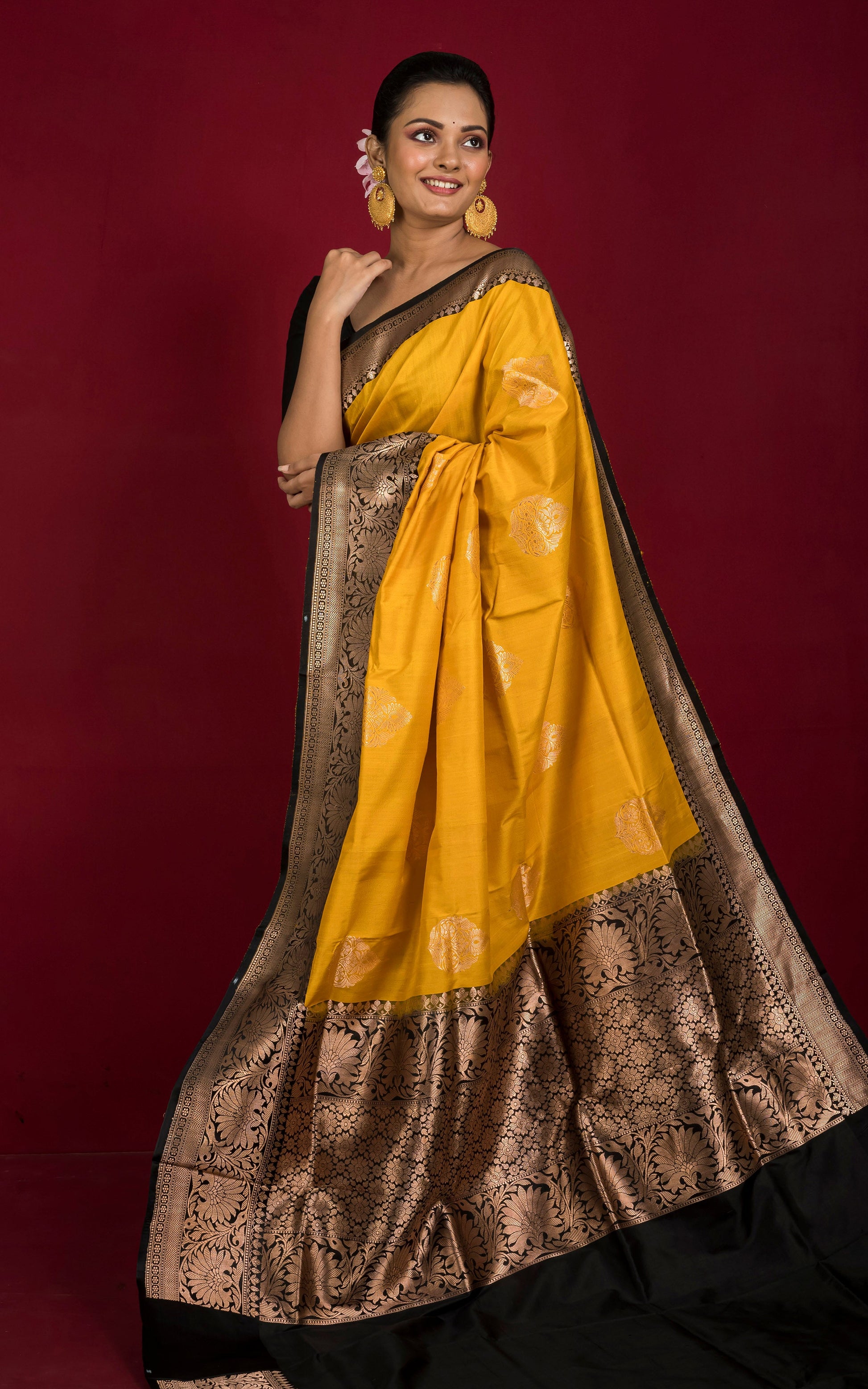 Premium Tussar Banarasi Silk Saree in Tuscan Sun Yellow and Black