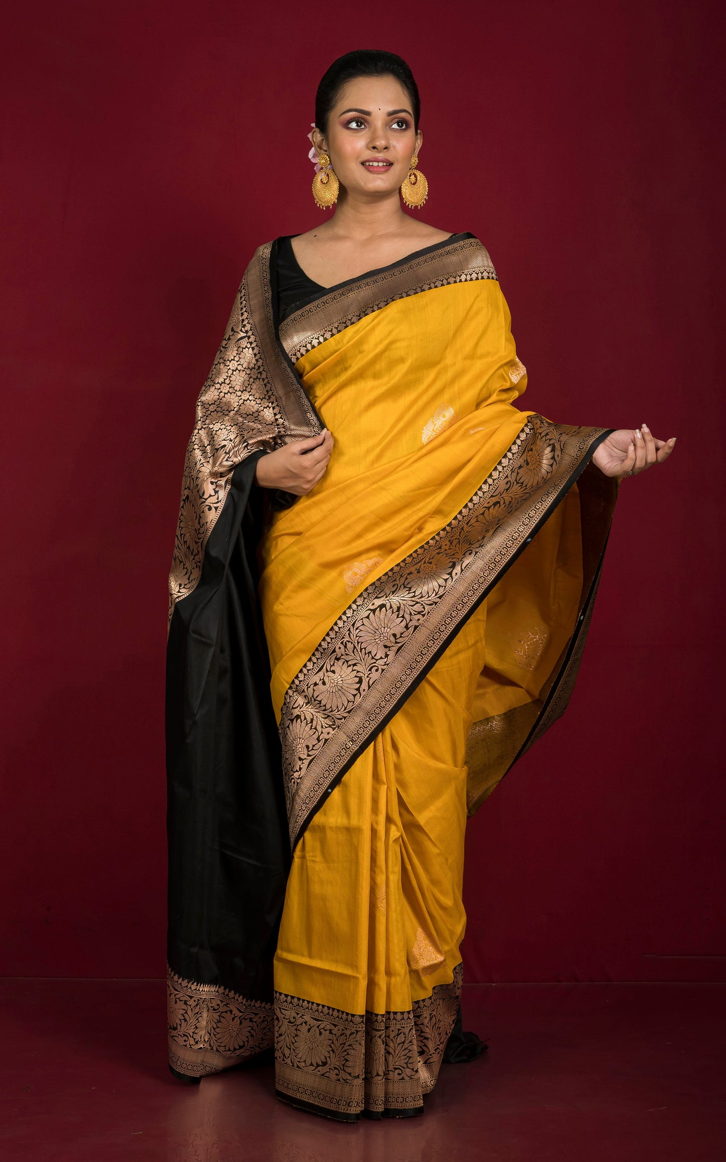 Premium Tussar Banarasi Silk Saree in Tuscan Sun Yellow and Black