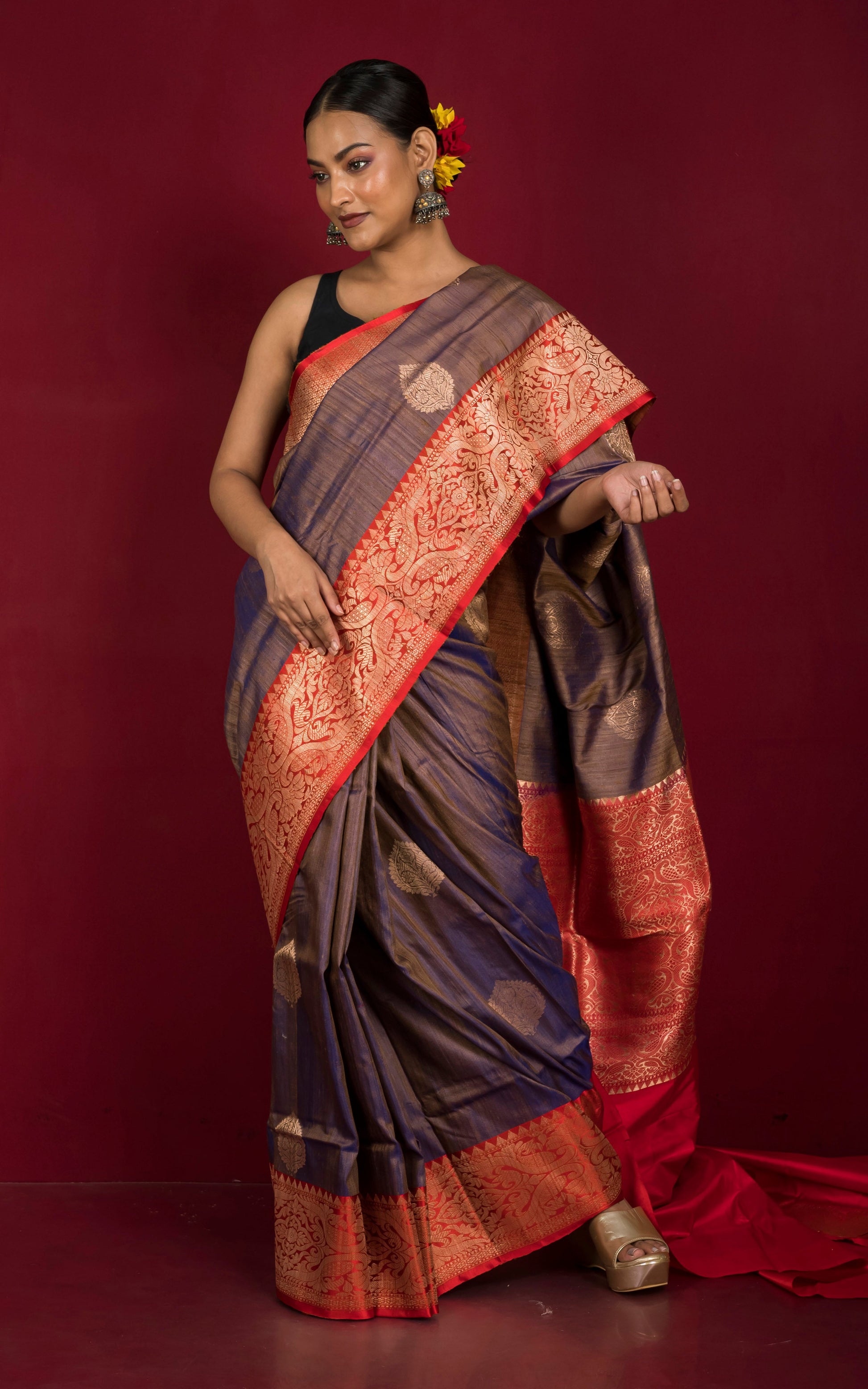 Premium Tussar Banarasi Silk Saree in Cross Color Tone of Brown and Blue with Bright Red