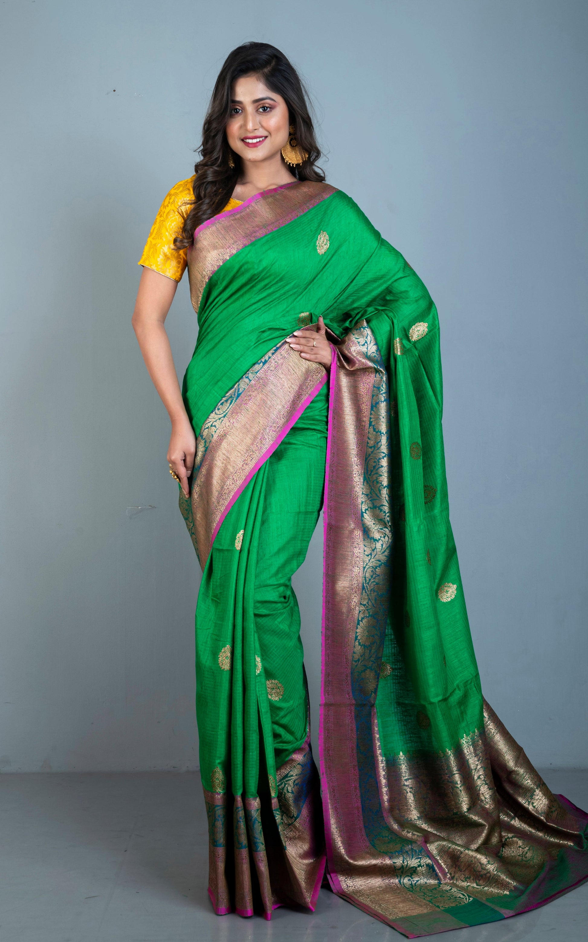 Minakari Border Dupion Tussar Banarasi Saree in Natural Green, Fuchsia and Teal