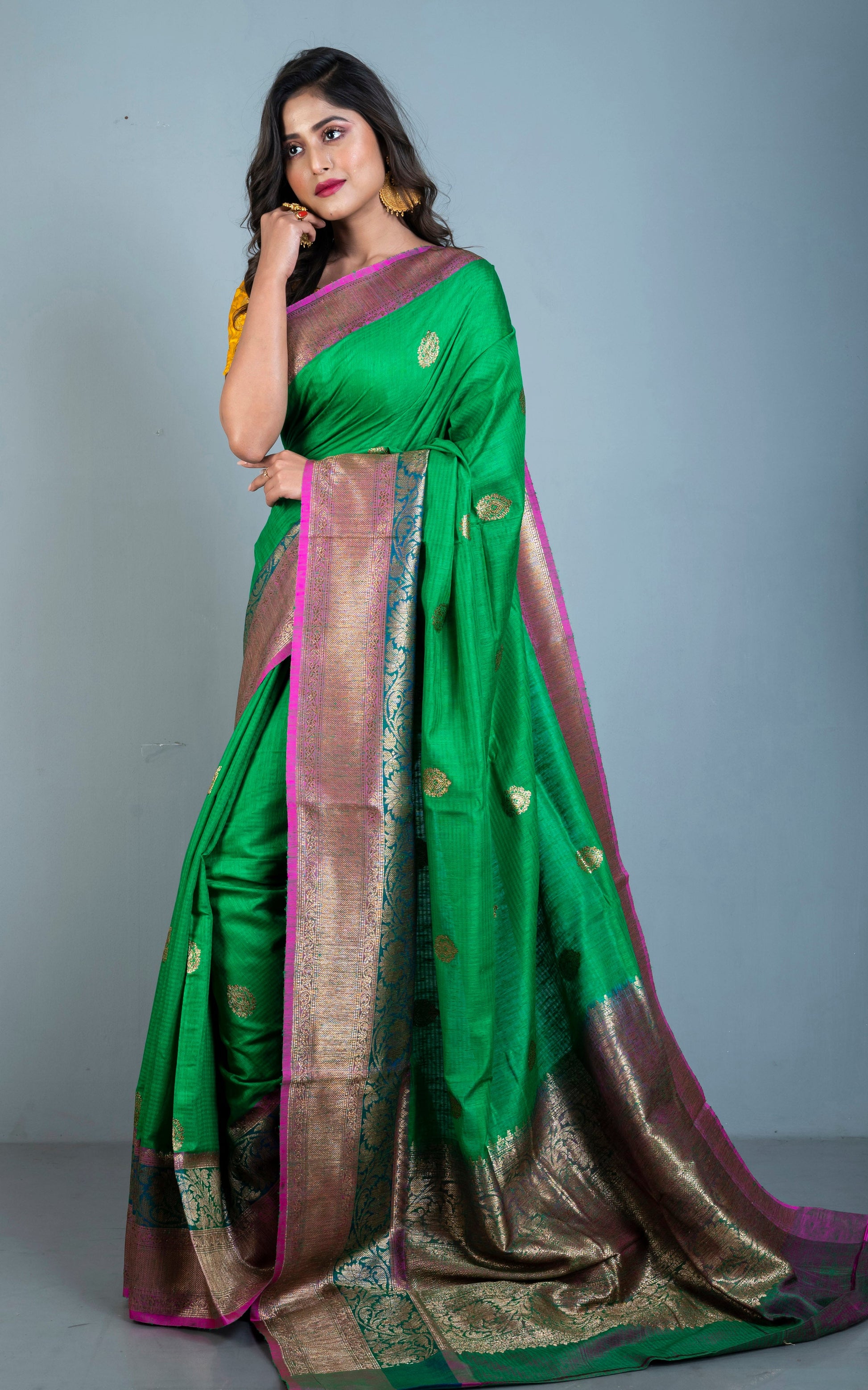 Minakari Border Dupion Tussar Banarasi Saree in Natural Green, Fuchsia and Teal