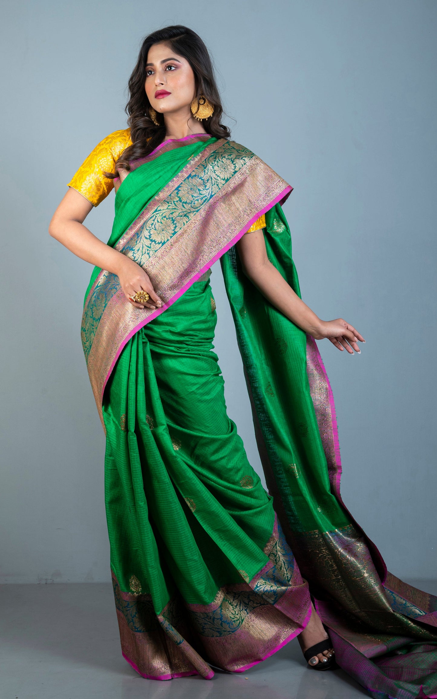 Minakari Border Dupion Tussar Banarasi Saree in Natural Green, Fuchsia and Teal