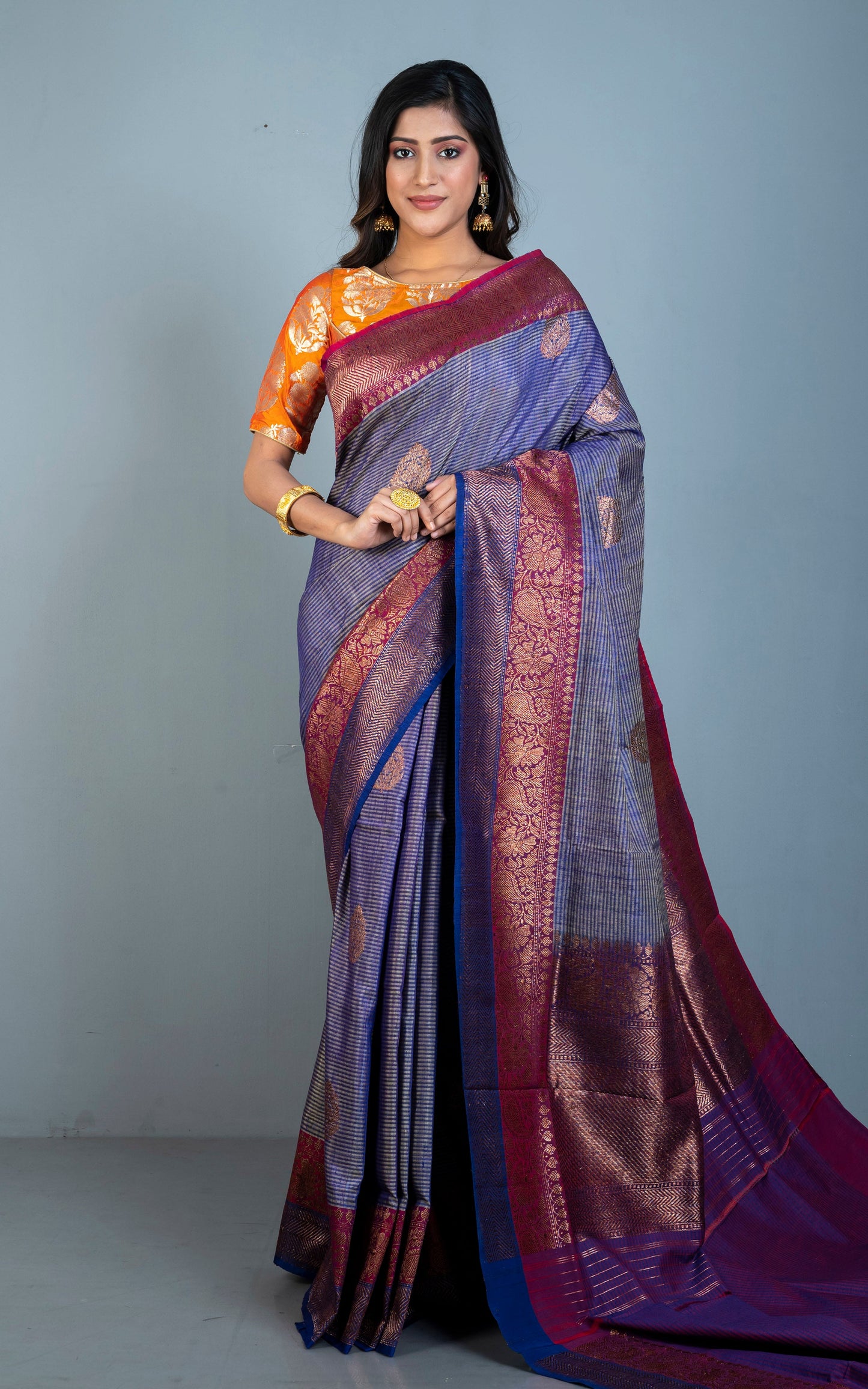 Minakari Border Dupion Tussar Banarasi Saree in Admiral Blue, Beige, Plum and Purple