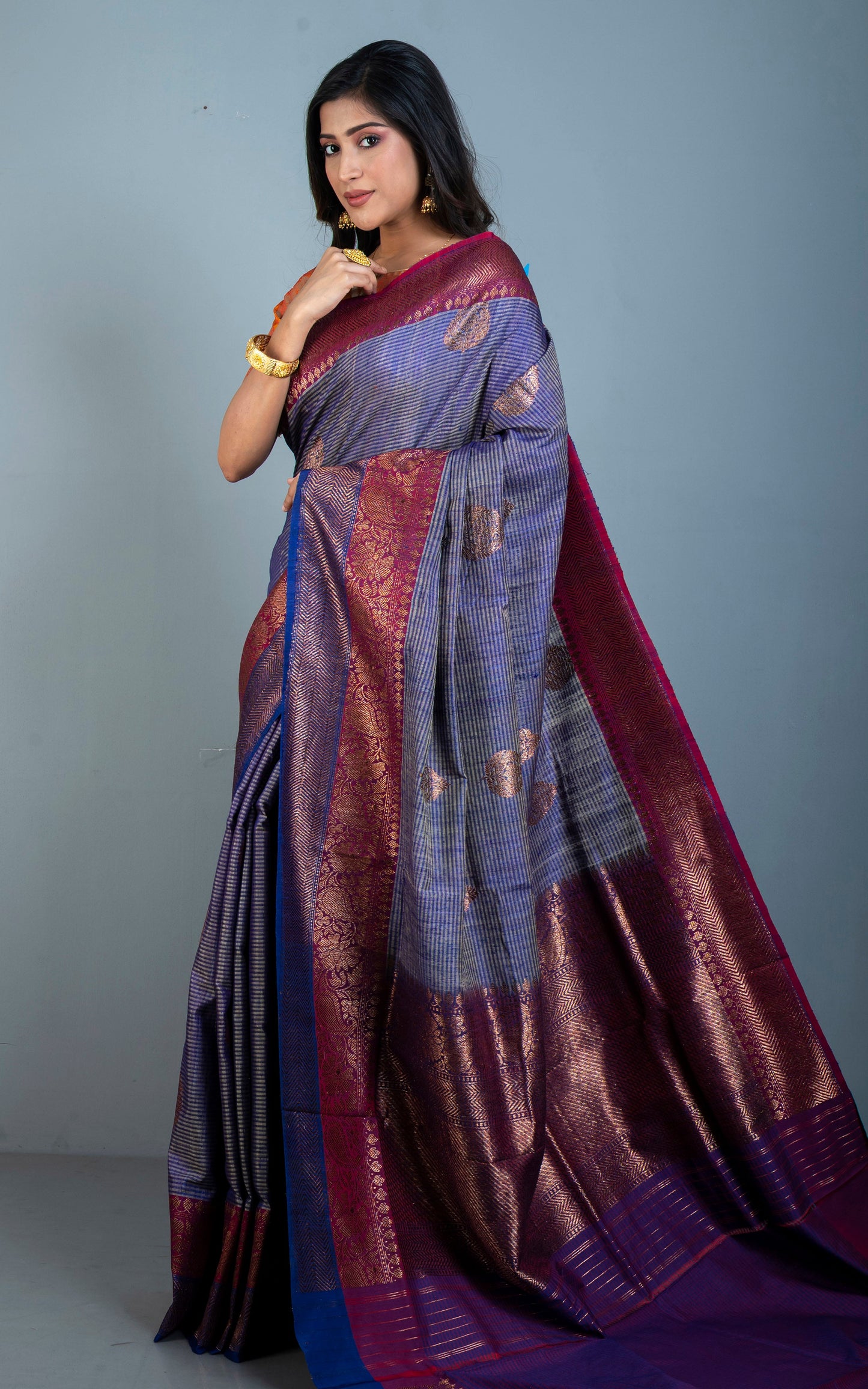 Minakari Border Dupion Tussar Banarasi Saree in Admiral Blue, Beige, Plum and Purple