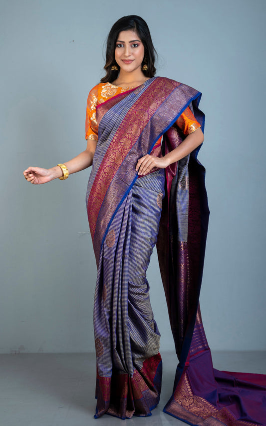 Minakari Border Dupion Tussar Banarasi Saree in Admiral Blue, Beige, Plum and Purple