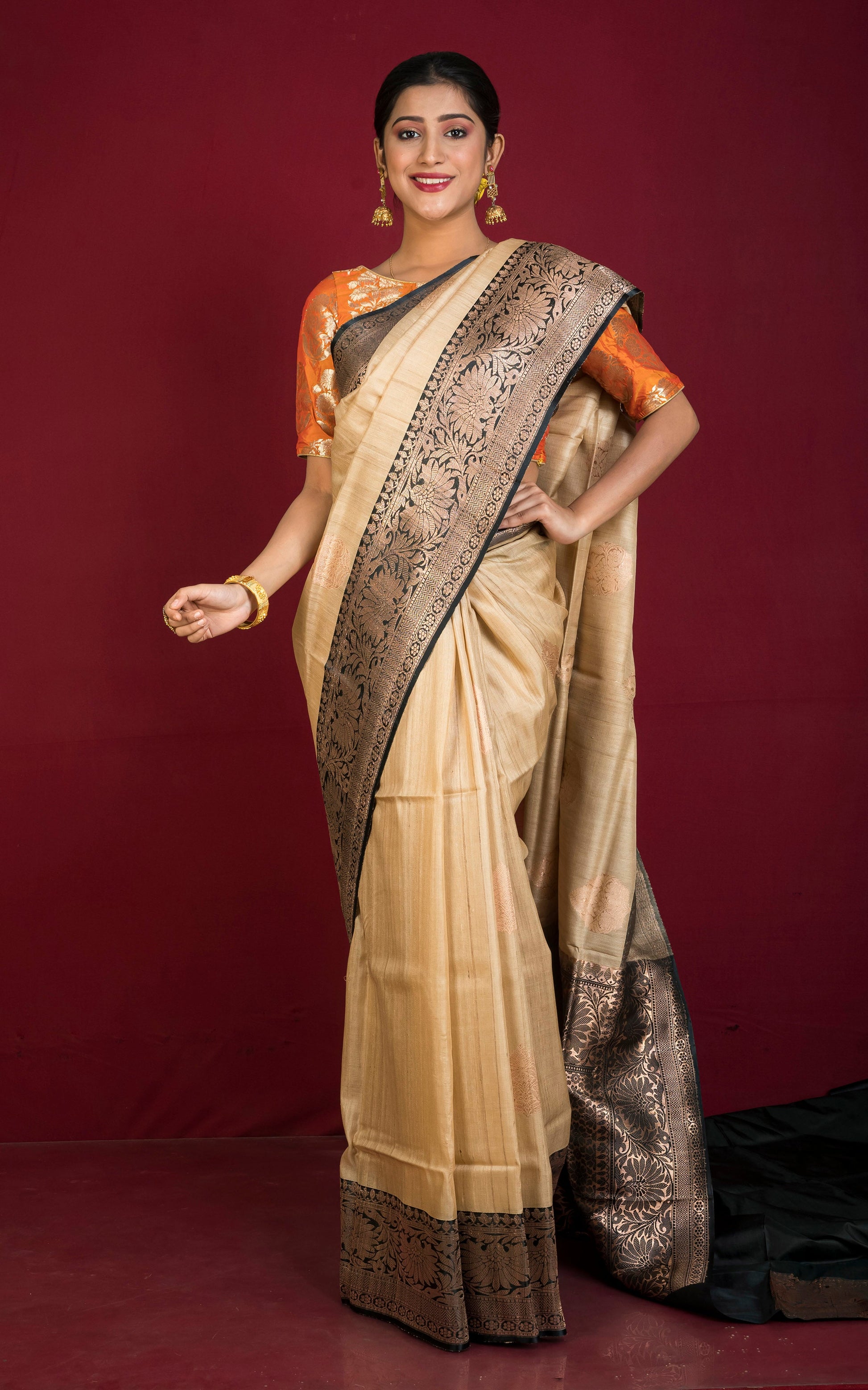 Premium Tussar Banarasi Silk Saree in Beige and Black