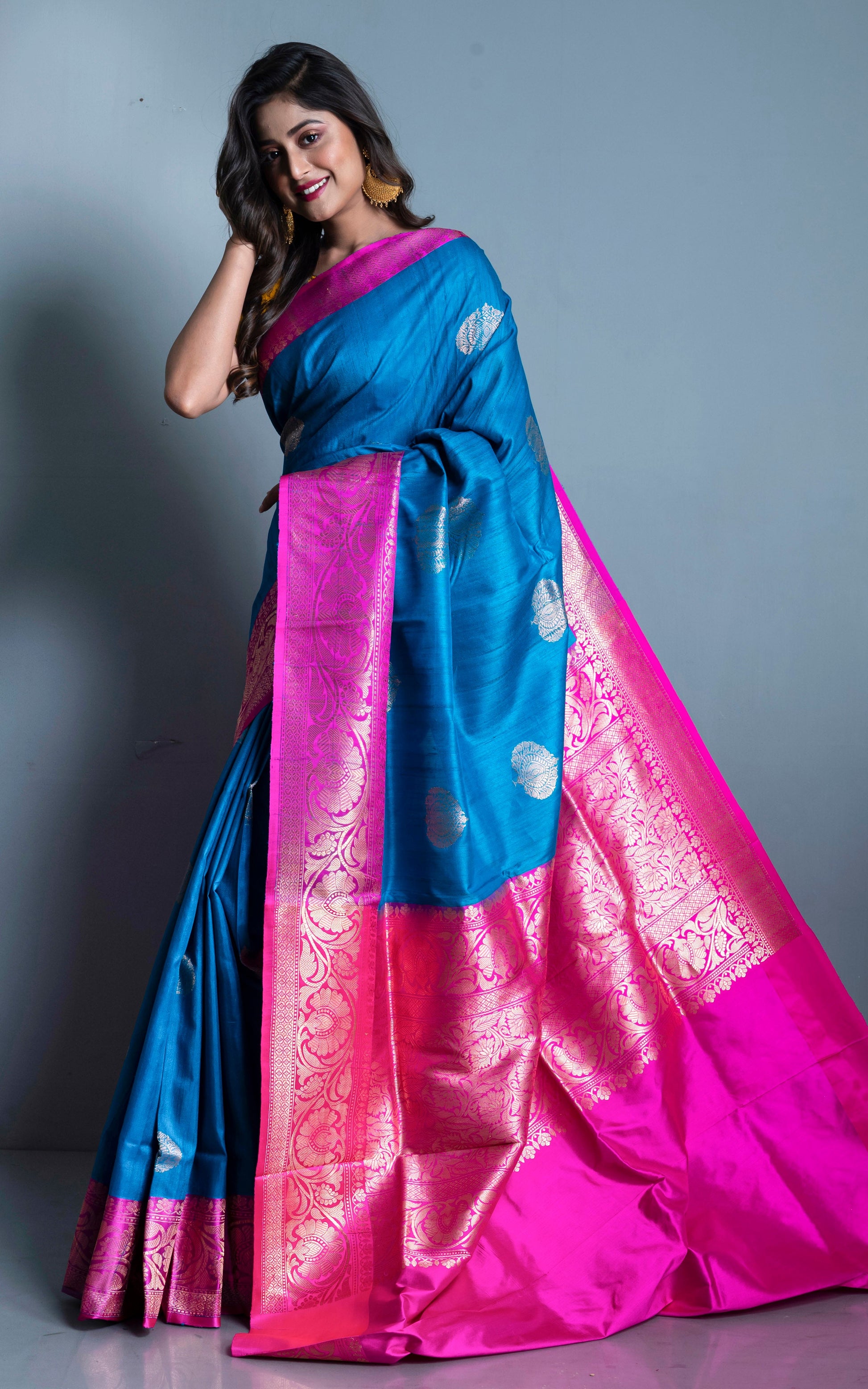 Premium Tussar Banarasi Silk Saree in True Blue and Hot Pink