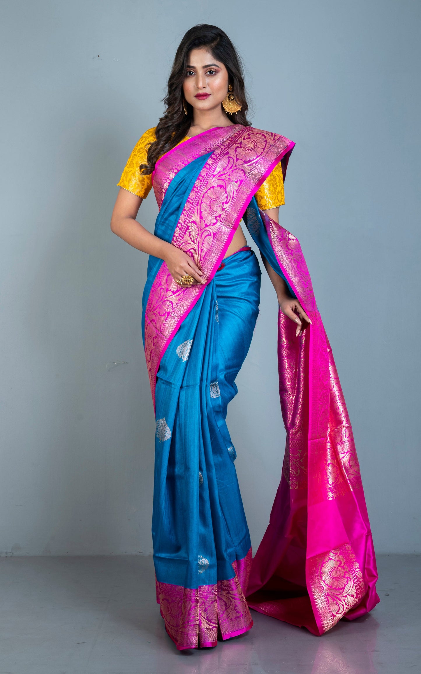 Premium Tussar Banarasi Silk Saree in True Blue and Hot Pink