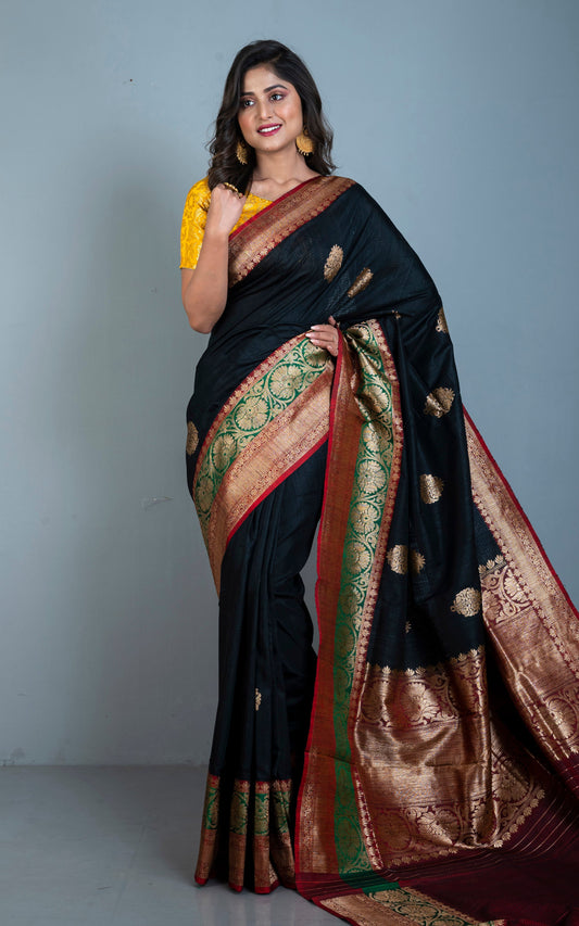 Minakari Border Dupion Tussar Banarasi Saree in Black, Dark Ferric Red and Malachite Green