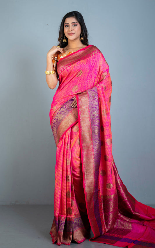 Minakari Border Dupion Tussar Banarasi Saree in Cross Tone of Peach and Yellow with Red and Purple