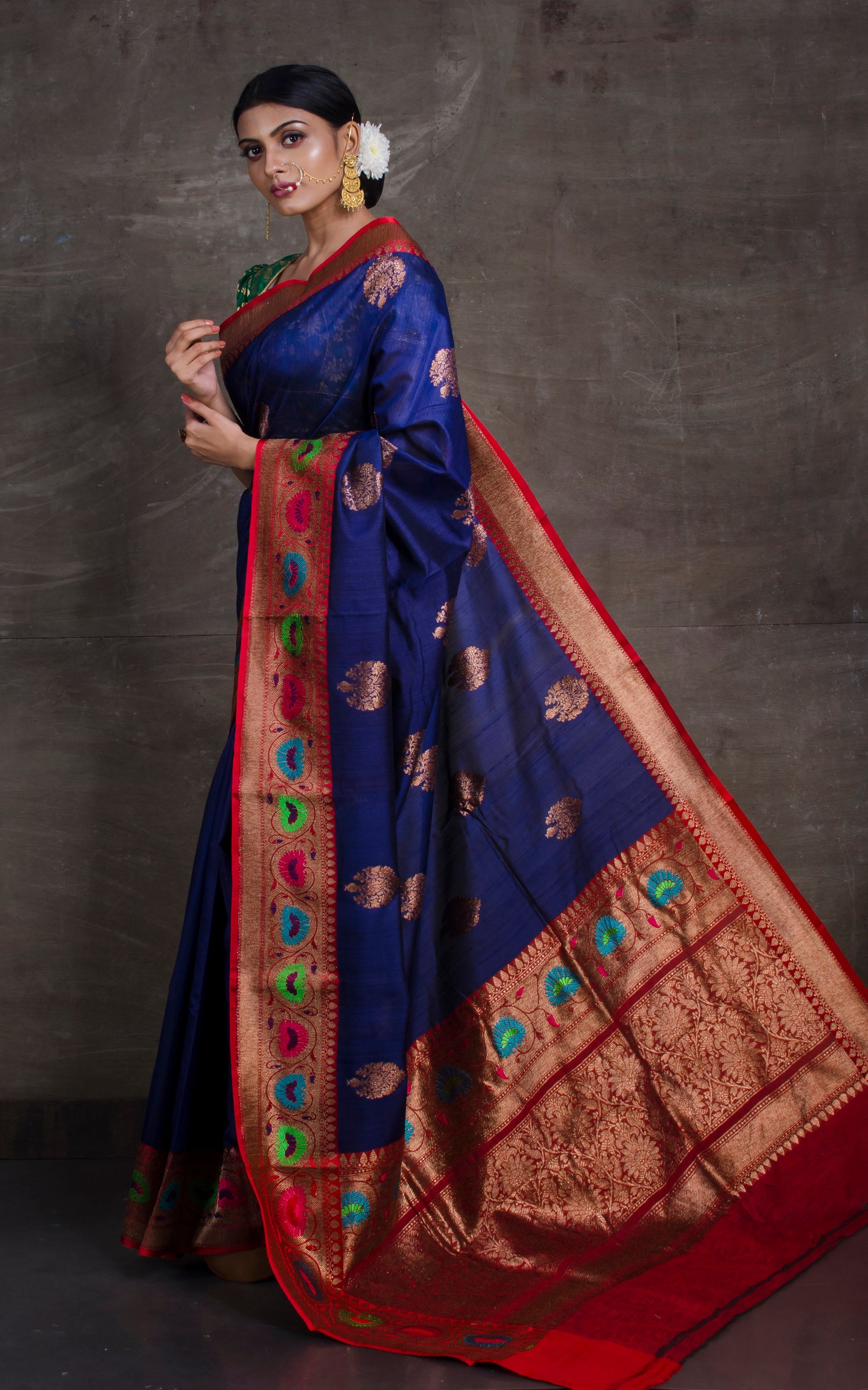 Tilfi Minakari Work Tussar Banarasi Saree in Dark Blue and Red