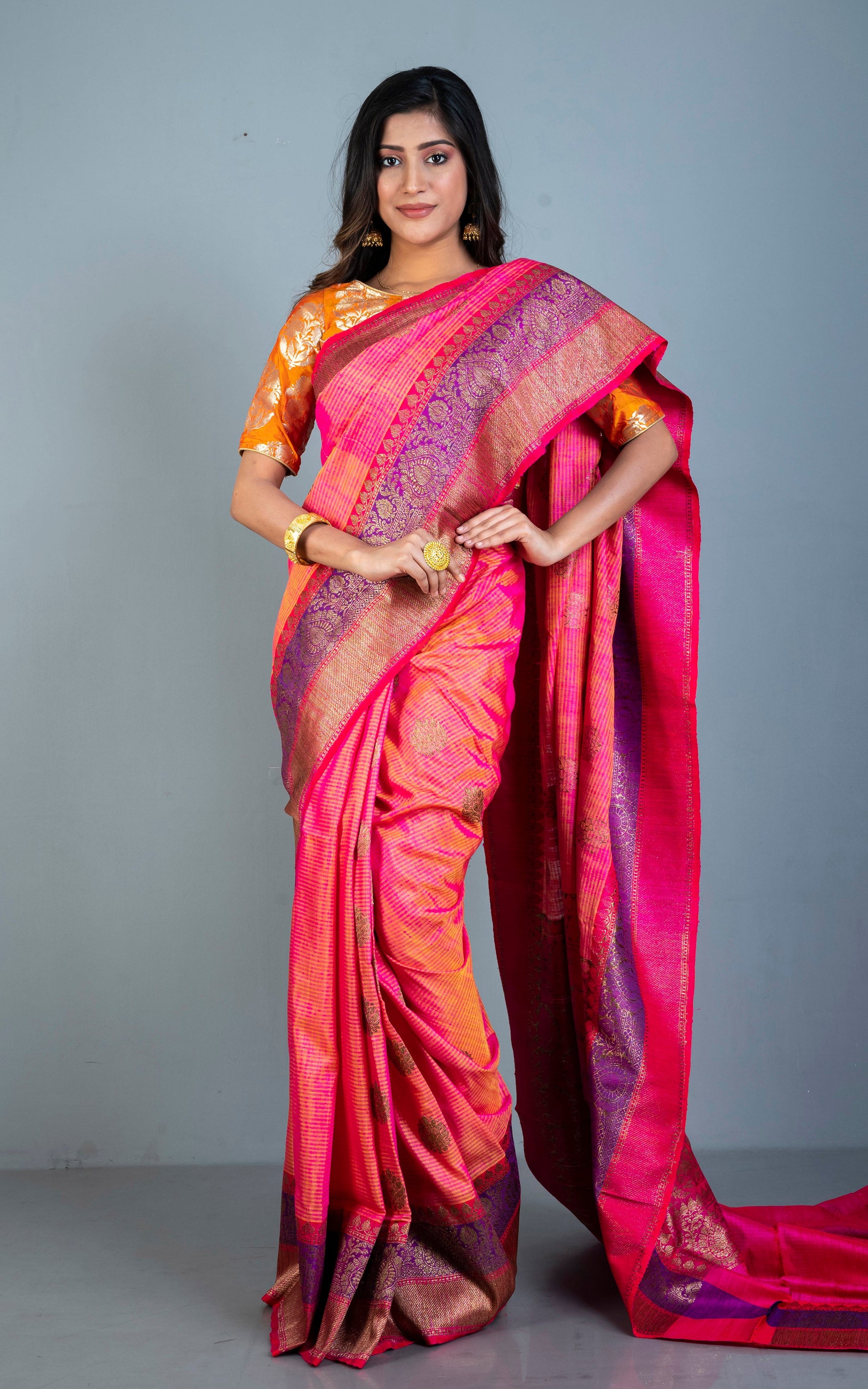 Minakari Border Dupion Tussar Banarasi Saree in Cross Tone of Peach and Yellow with Red and Purple