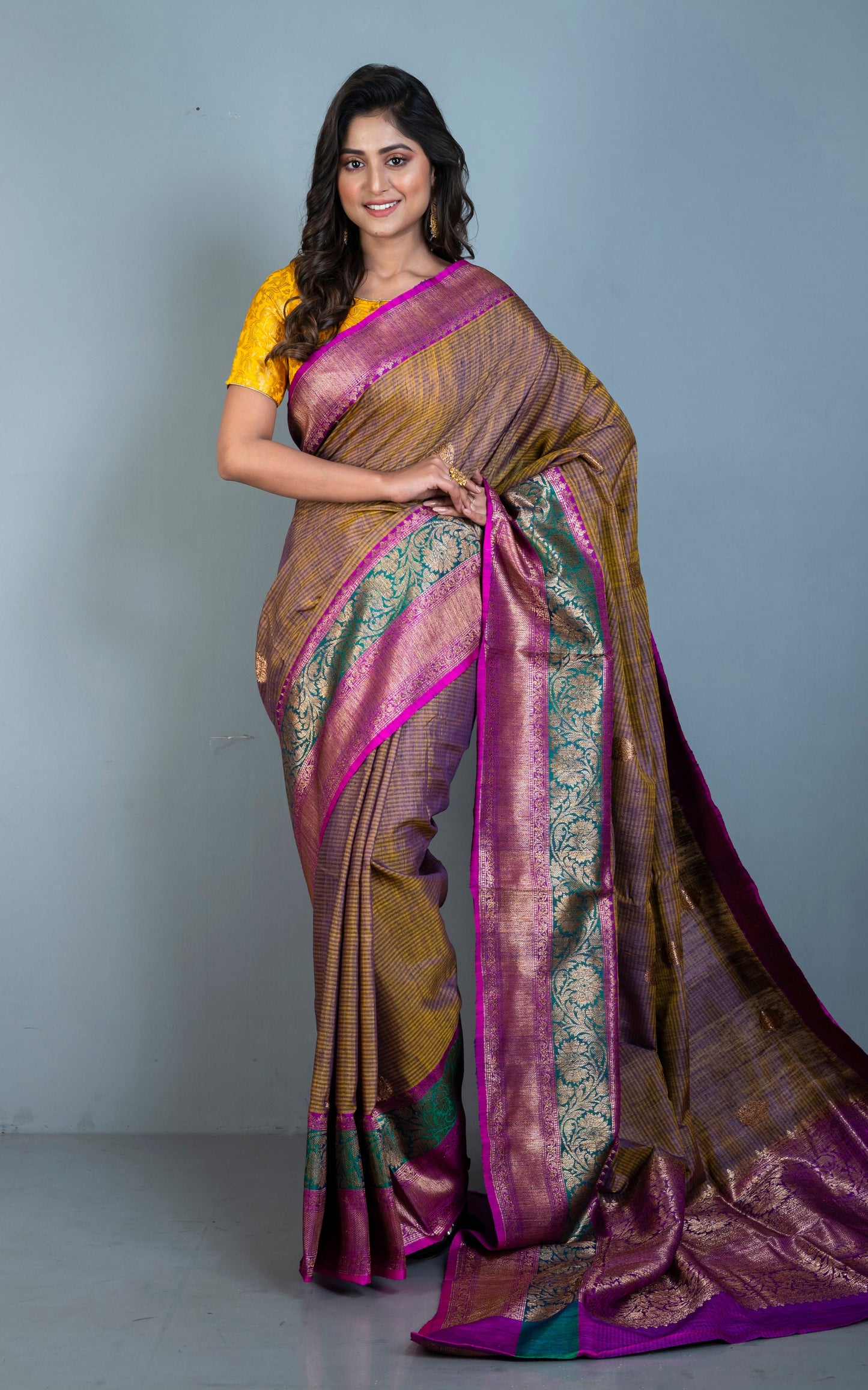 Minakari Border Dupion Tussar Banarasi Saree in Cross Tone of Purple and Yellow with Hot Pink and Rama Green