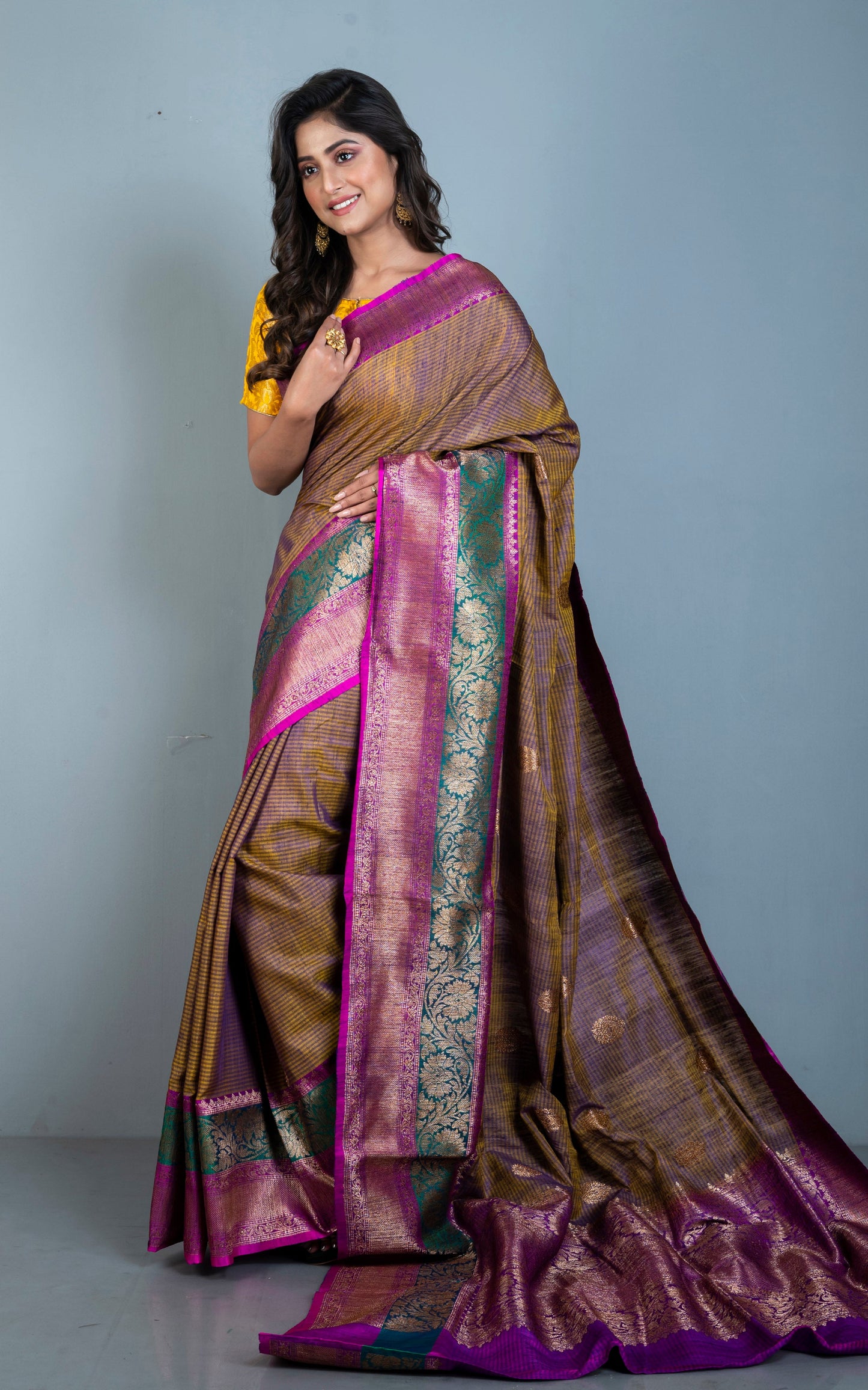 Minakari Border Dupion Tussar Banarasi Saree in Cross Tone of Purple and Yellow with Hot Pink and Rama Green